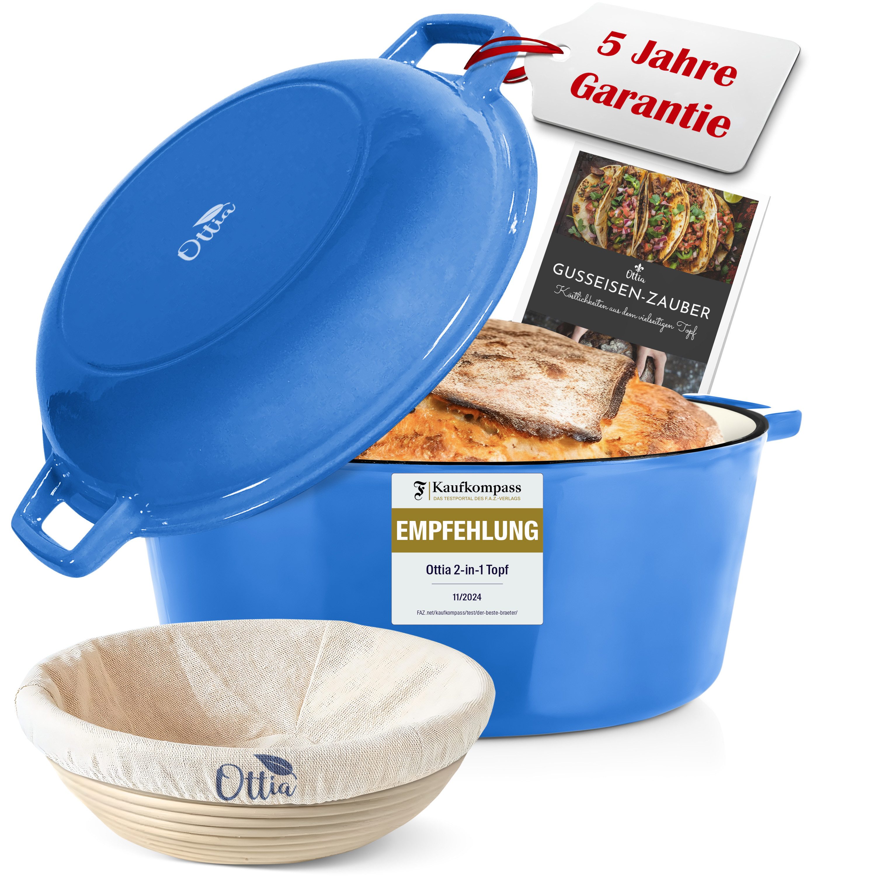 Ottia Schmortopf Gusseisen Topf, Brot backen, Dutch Oven, 2-in-1, 26cm, 5 Liter, Emaille, Gusseisen (Zubehör (E-Book & Gärkorb), Händler aus Hamburg