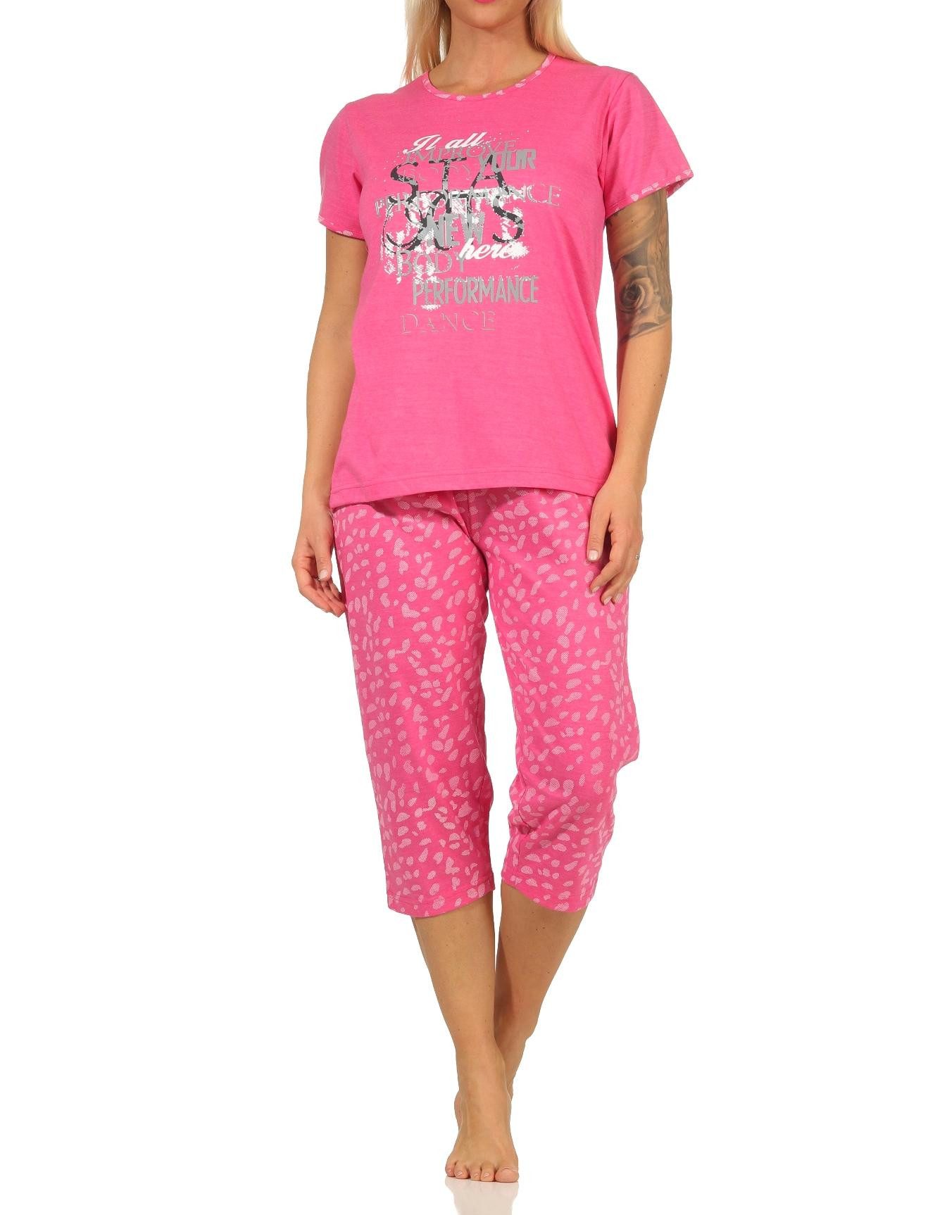 RELAX by Normann Pyjama Damen kurzarm Capri Schlafanzug mit tollem Frontprint und Caprihose