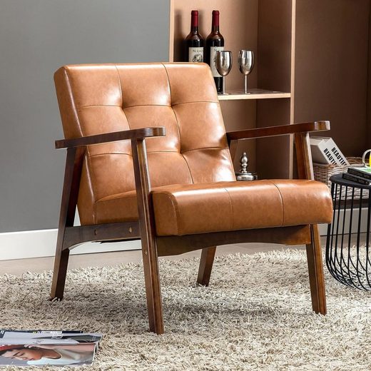 HOMEMIYN Loungesessel Retro Holzsessel Loungesessel Polsterstuhl Karamell