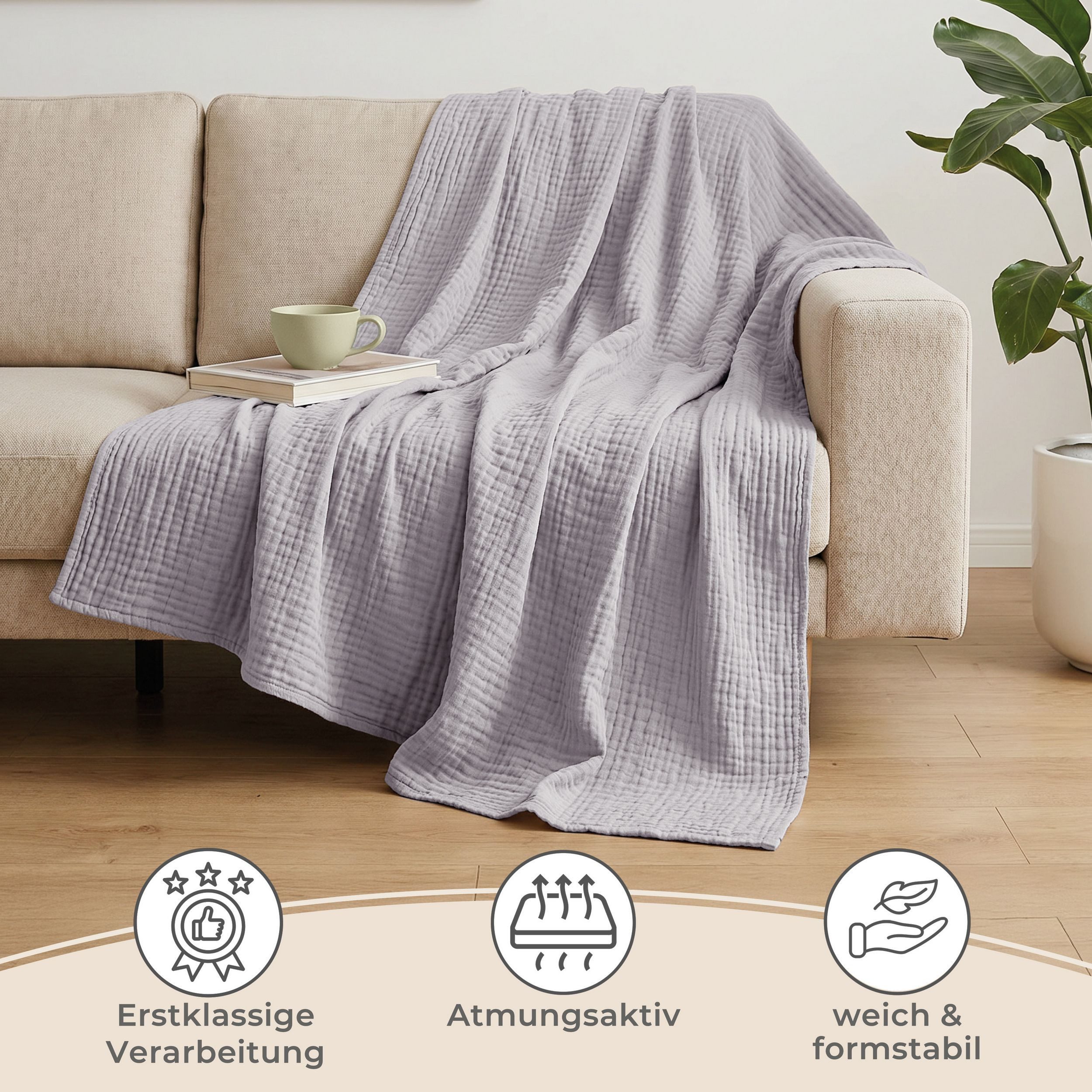 Laynenburg Tagesdecke Musselin aus 100% Baumwolle – Baumwolldecke, Kuscheldecke, Wohndecke als Sommerdecke, Bett-Überwurf, Couch-Überwurf, Sofa-Decke – Bild 5 von 5