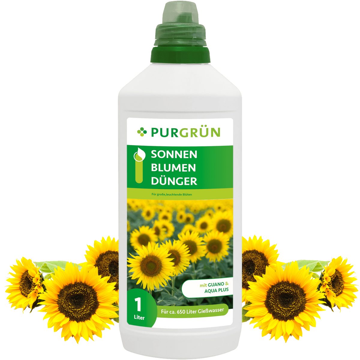 Blumendünger Purgrün Sonnenblumen Dünger, NPK 8+8+6, Guano, Aqua Plus, 1 Liter