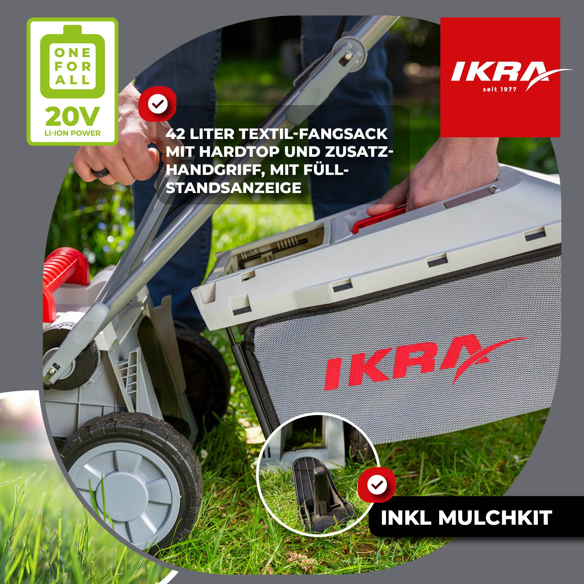 ikra GmbH Akkurasenmäher ICM 2033, 33 cm Schnittbreite, (1x Akku 20 V + 1x Ladegerät), 20V Akku - Rasenflächen bis zu 150 m²