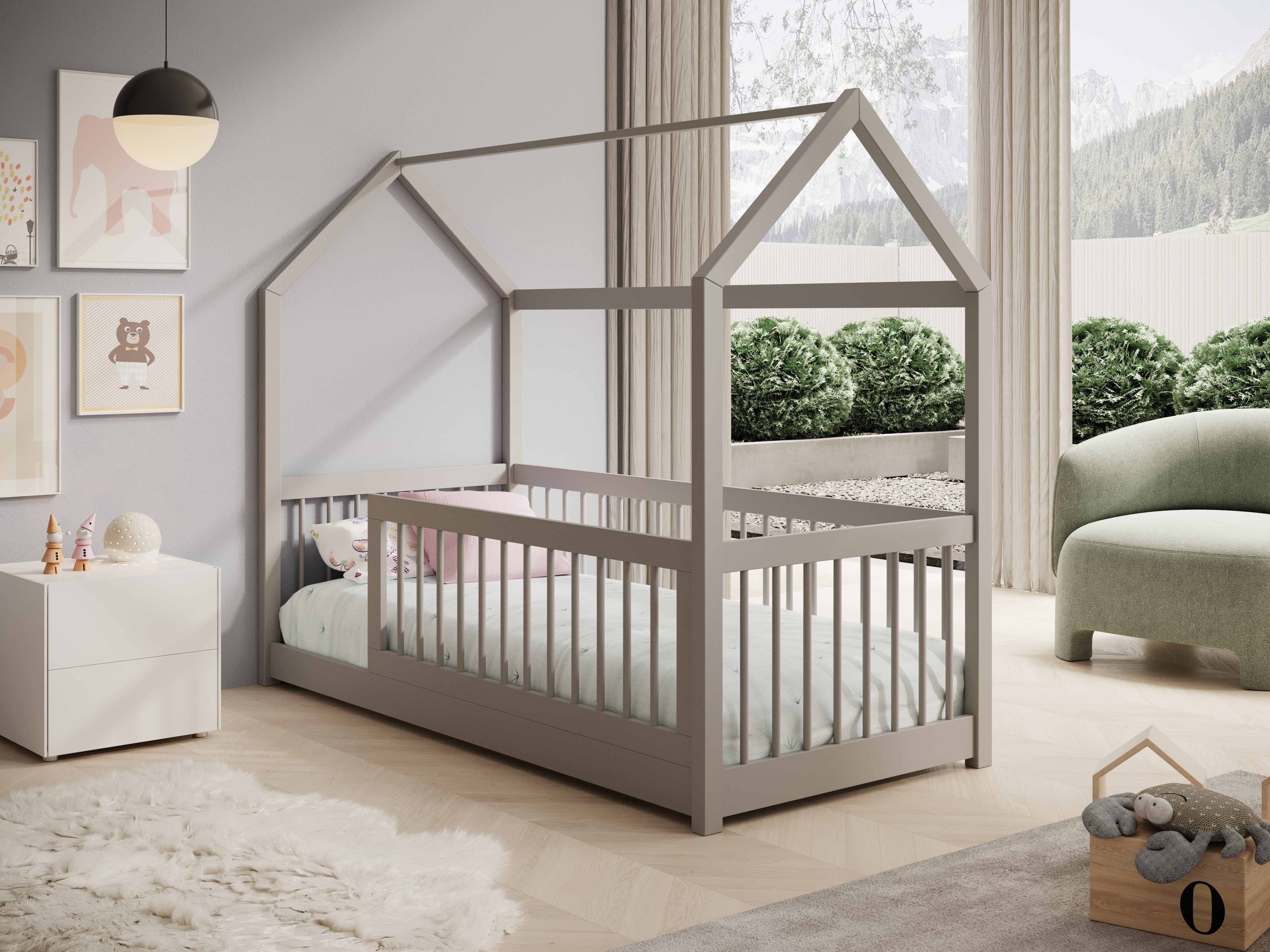 MOEBLO Hausbett TIVI (Stilvolles Kinderbett im Haus-Design, Hausbett Kinder Kinderbett Kiefernholz Spielbett Hausform, • Optional mit oder ohne Matratze wählbar), in 3 Größen erhältlich: 140×70, 180×80 und 200×90 cm