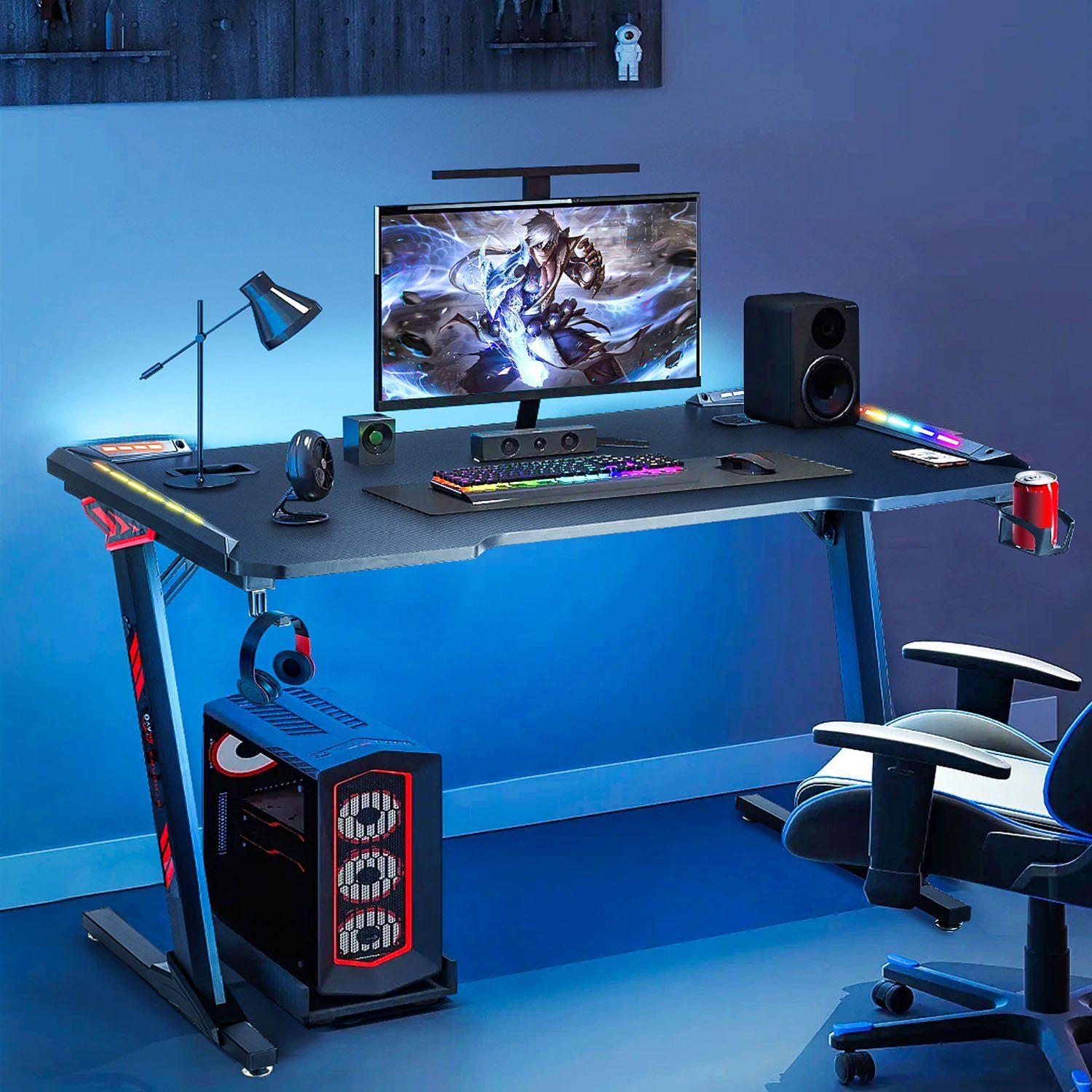 LETGOSPT Gamingtisch Gaming Schreibtisch für 140cm Kopfhörerhake Kohlefaser PC mit Gaming Getränkehalter Stabiler Oberfläche, Gamingtisch Computertisch LED, mit Tisch Gaming mit und