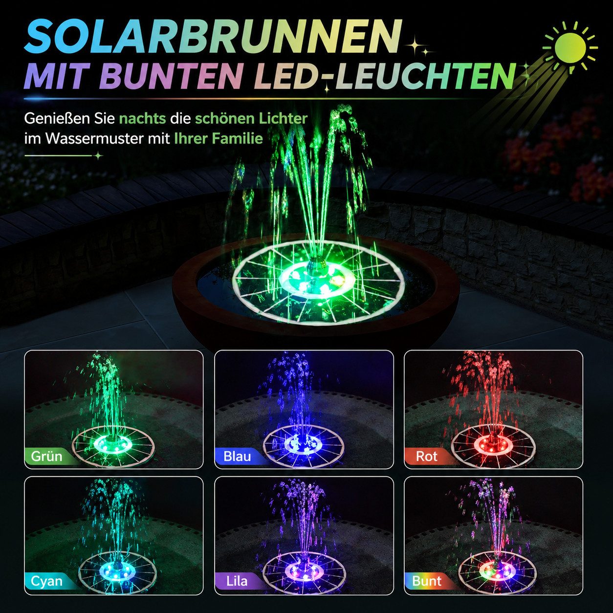 MOPUEA Gartenbrunnen Solar Springbrunnen 3,5W Mit LED Licht Für Vogeltränke Und Garten, (1 tlg), Schwimmender Solar Springbrunnen Mit 8 Düsen Für Vogeltränke, Garten