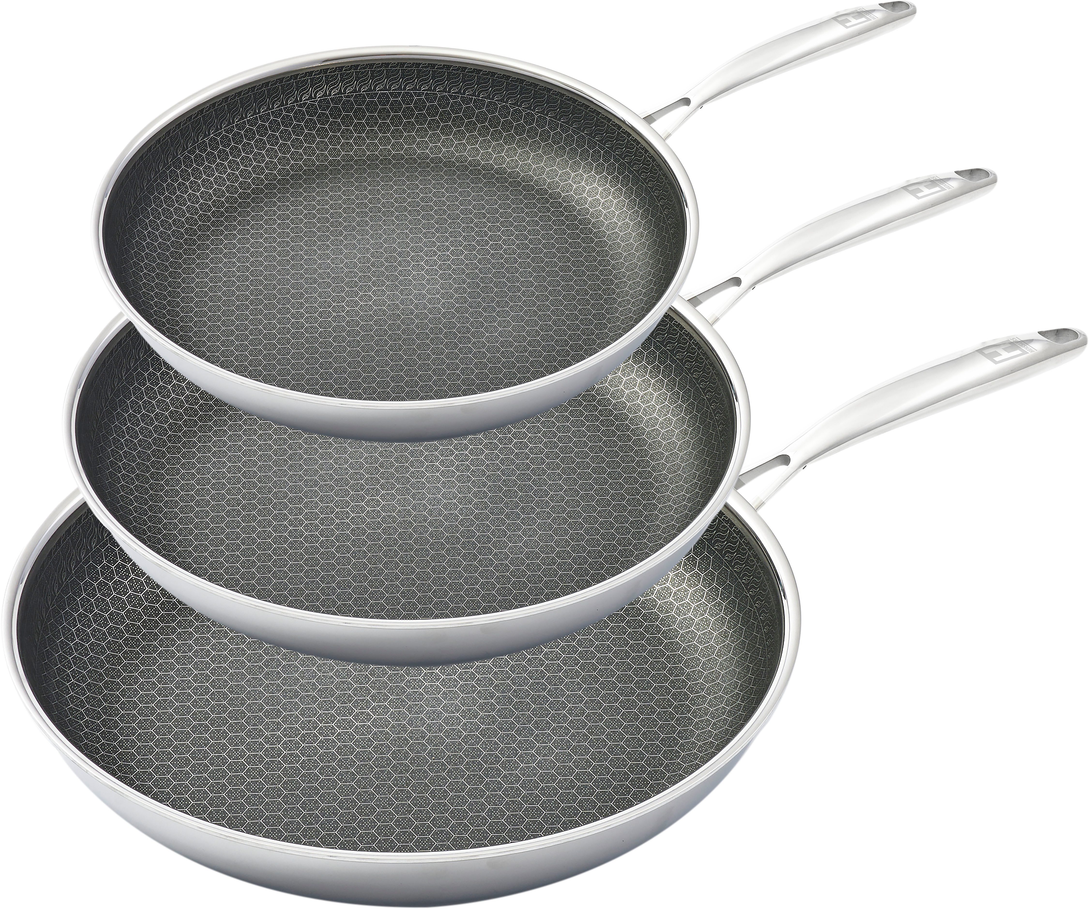 HENSSLERS Сковороды-Set, Edelstahl (Set, 3-tlg., 1x Bratpfanne Ø 20 cm, 1x Bratpfanne Ø 24 cm, 1x Bratpfanne Ø 28 cm), 3-Schicht Material, Wabenstruktur und Antihaftbeschichtung, Induktion