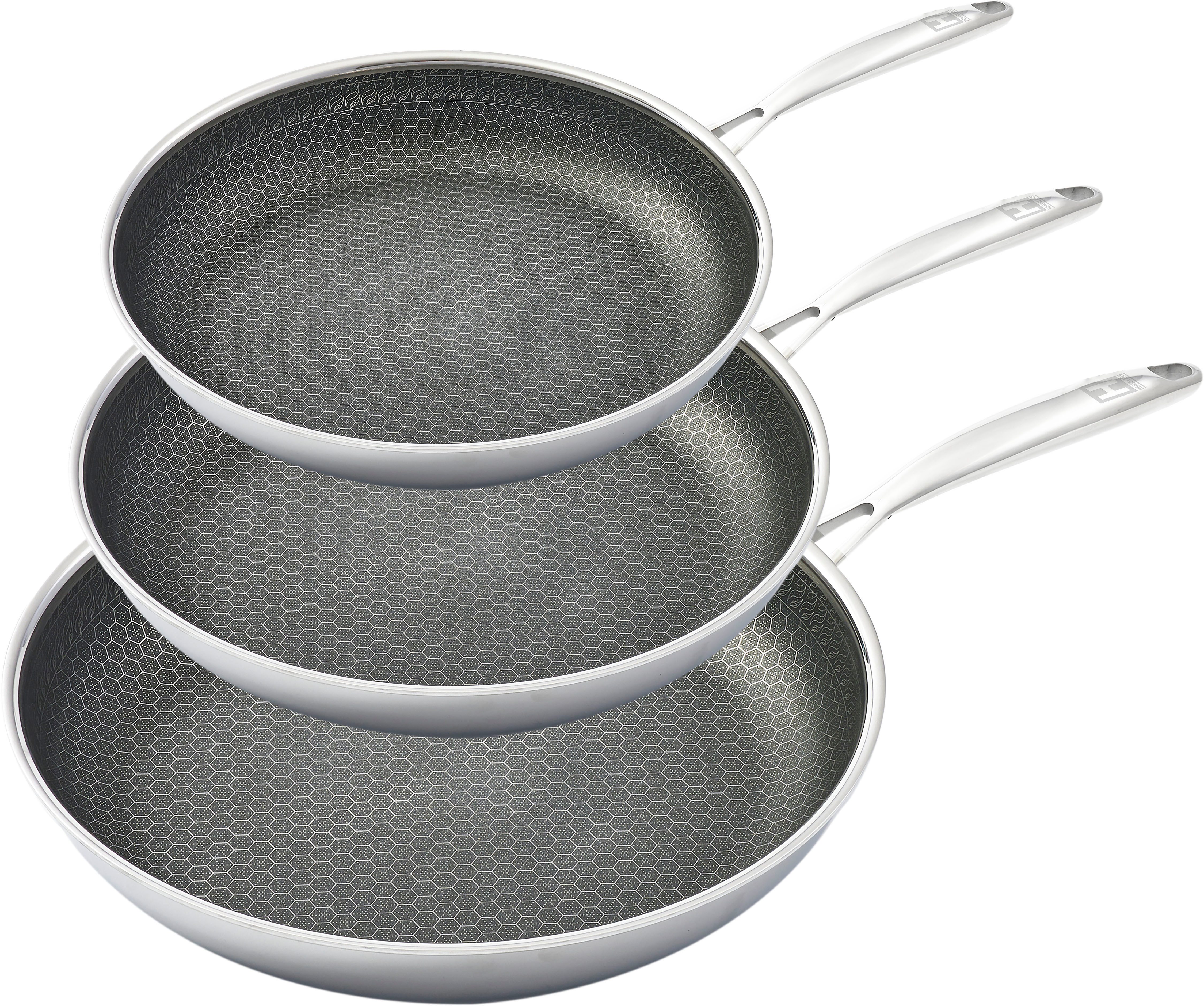 HENSSLERS Pfannen-Set, Edelstahl (Set, 3-tlg., 1x Bratpfanne Ø 20 cm, 1x Bratpfanne Ø 24 cm, 1x Bratpfanne Ø 28 cm), 3-Schicht Material, Wabenstruktur und Antihaftbeschichtung, Induktion