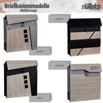 STILISTA Wandbriefkasten Briefkasten Postkasten mit Zeitungsfach (inkl. 2 Schlüssel), Holzloptik, pulverbeschichtetes Metall, Farb- und Modellwahl