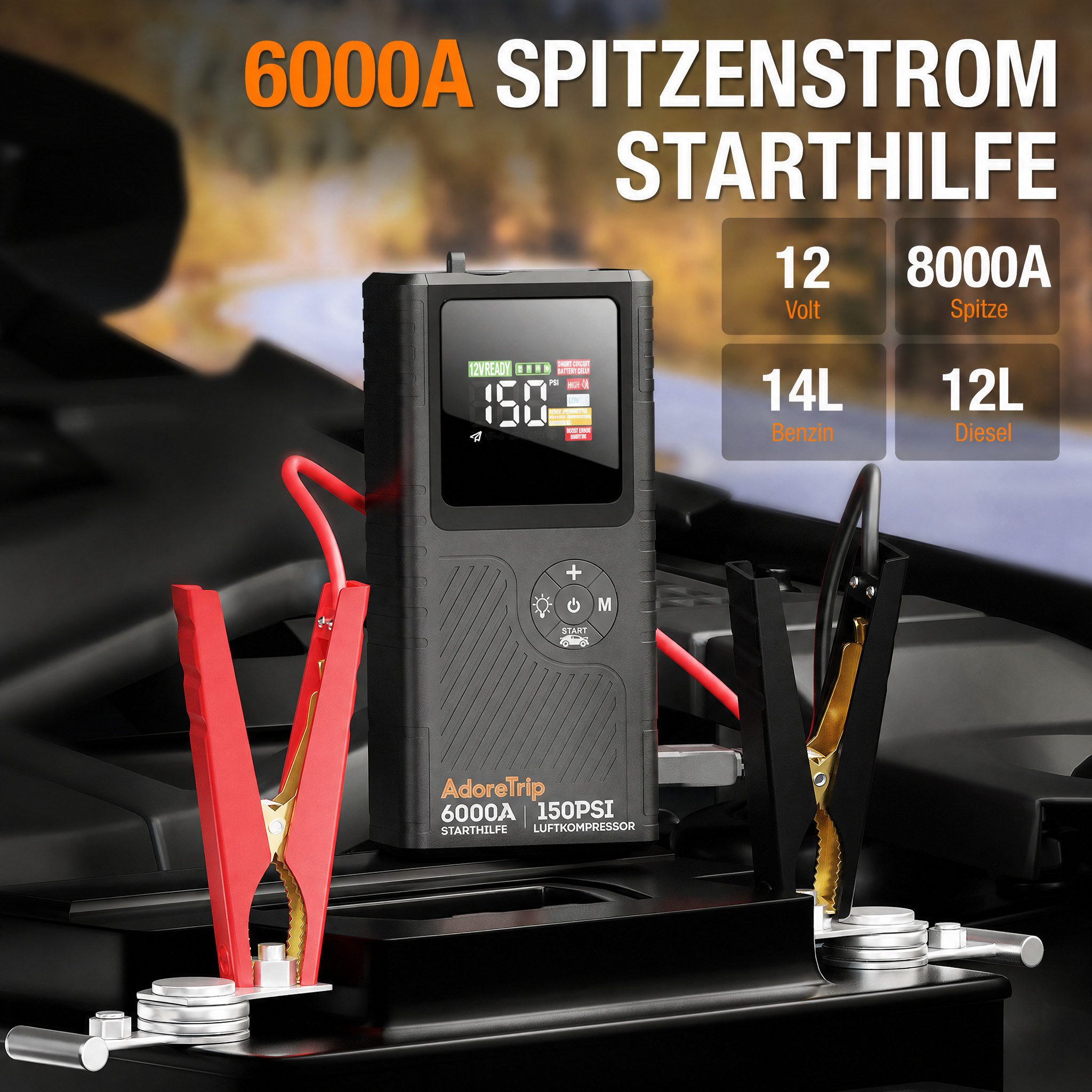 Blossom 4-in-1 Auto Starthilfe 6000A mit Kompressor 150 PSI, 12V Jump Starter Starthilfegerät 12000 mAh (12 V), Reifenfüller mit LED Display, Powerbank und Notfalllicht