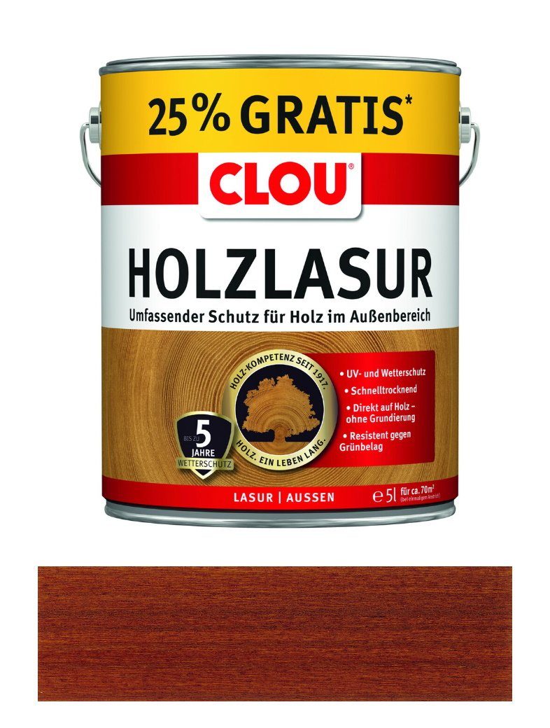 CLOU Holzschutzlasur CLOU Holzlasur Allwetterschutz 5 Liter Farbwahl 5 Jahre Wetterschutz, Direkt auf Holz - ohne Grundierung, Resistent gegen Grünbelag