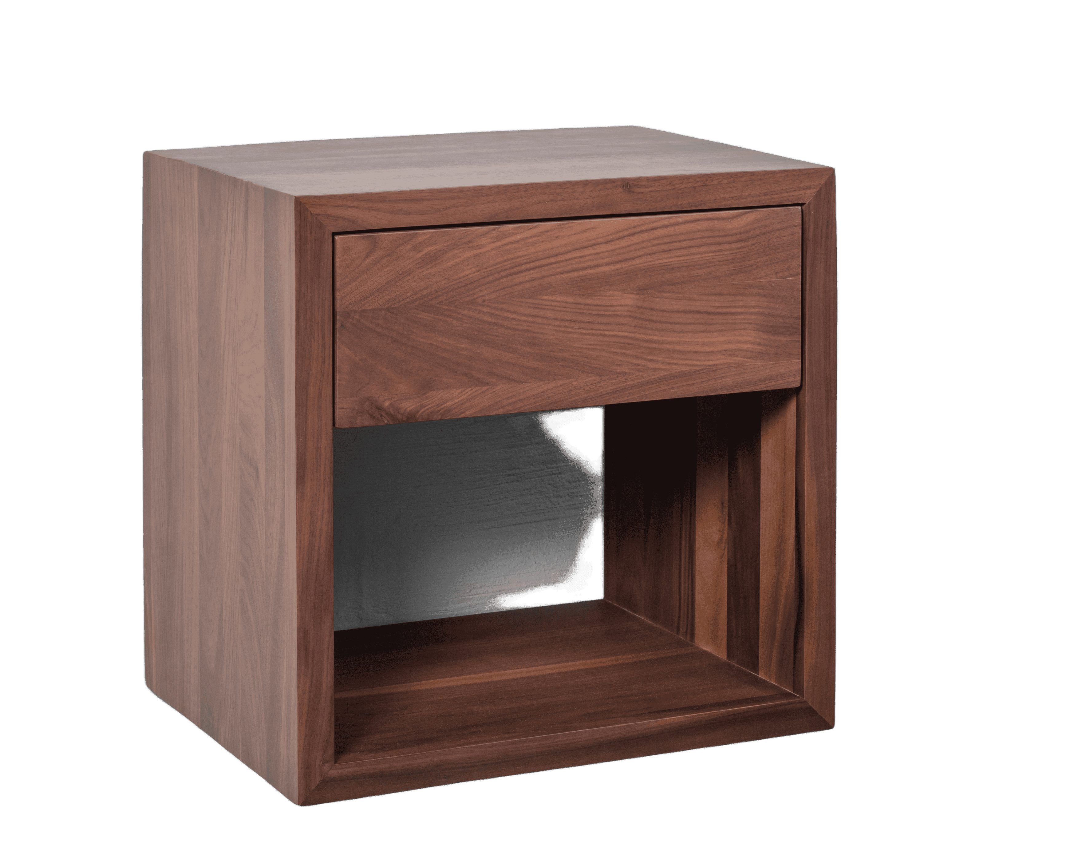 Woodek Design Nachttisch HUGO, schwebender Wandschrank im skandinavischem Design H39xB39xT30cm (Beistelltisch aus matt lackiertem Walnussholz, 1-St., elegantes Wandregal), Nachtkommode mit Schublade und Ablage