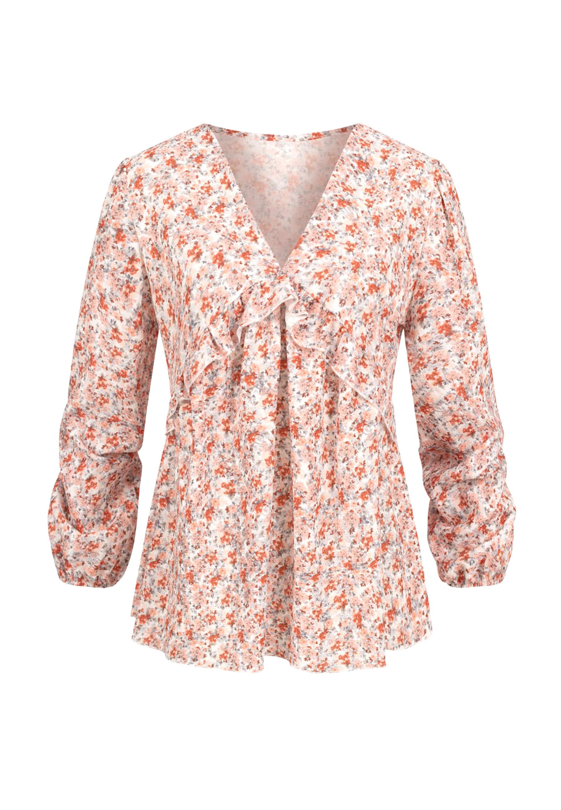 CLOUD 5IVE Langarmhemd CLOUD 5IVE V-Neck Bluse mit Rüschendetails und Blumen Print