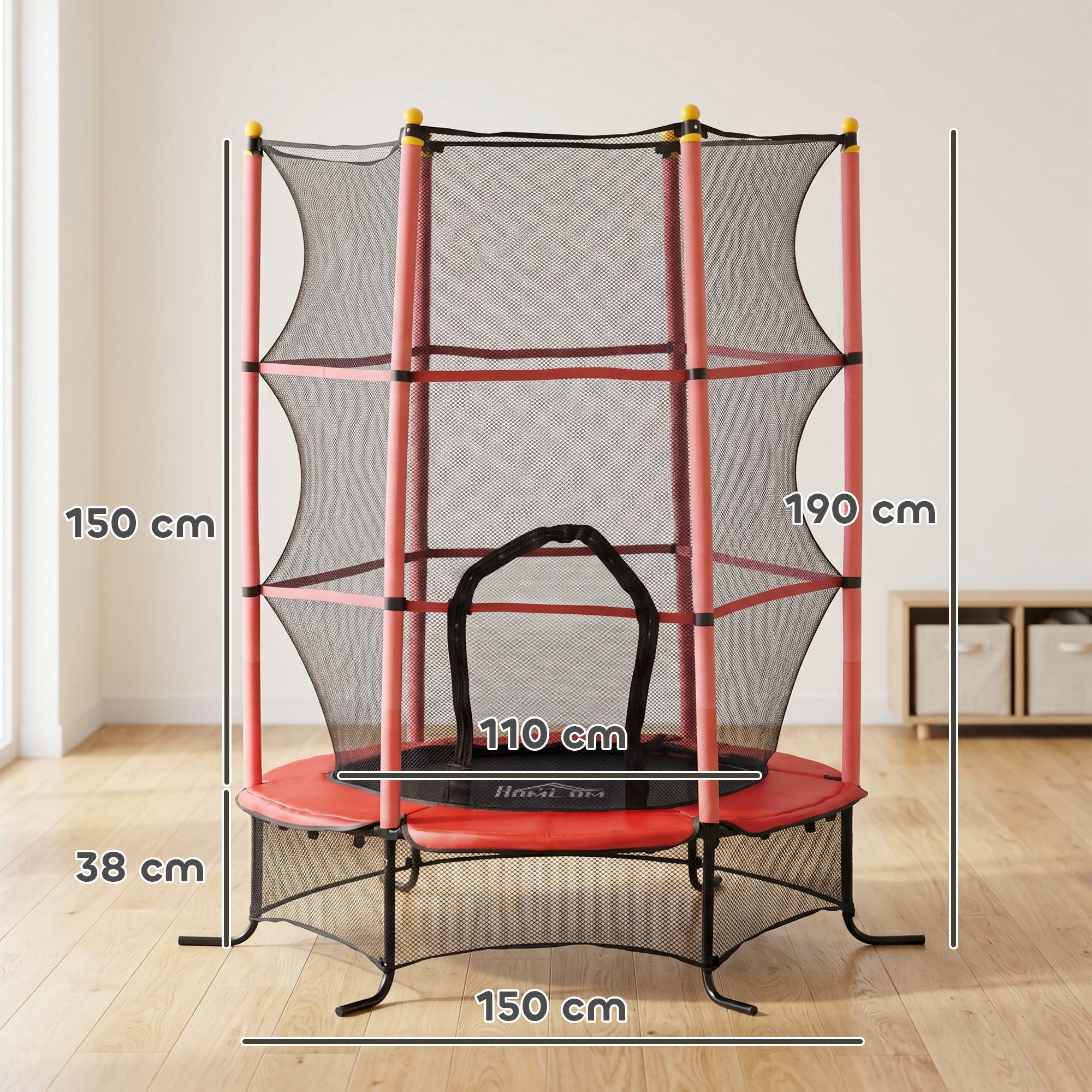 HOMCOM Kindertrampolin Ø163 cm, mit Sicherheitsnetz, Randabdeckung, Ø 163 cm, (Indoor Trampolin, 1 tlg., Trampolin), für Kinder 3-10 Jahre, bis 50 kg belastbar, Rot