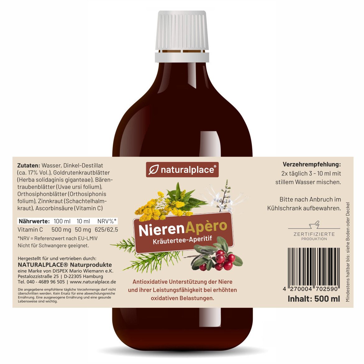 naturalplace® NierenApèro - Kräuteraperitif zur Unterstützung der Nierengesundheit -Tropfen, 500 ml, mit Goldrutenkraut-, Bärentrauben-, Ortosiphonblätter, Zinnkraut