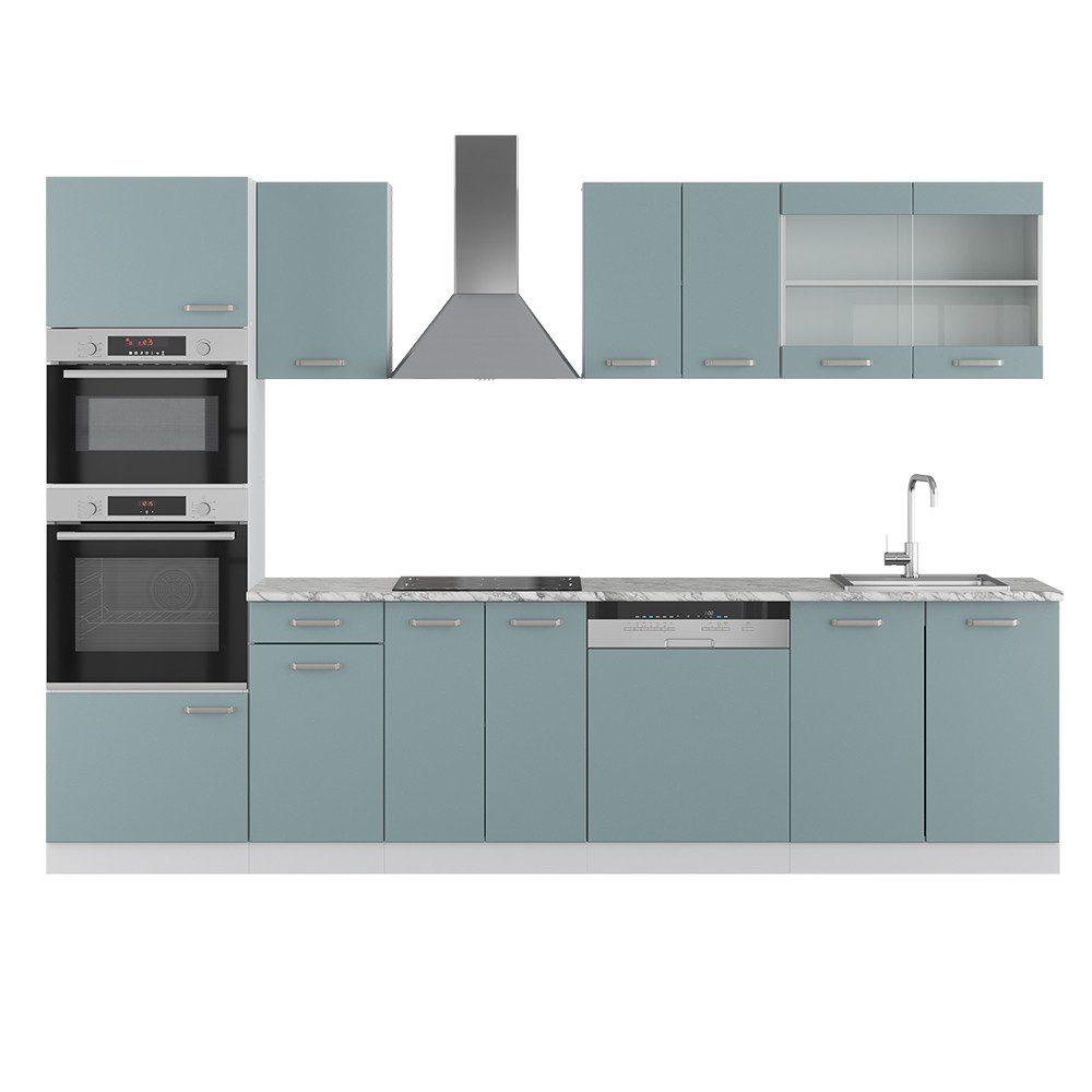 Vicco Küchenzeile R-Line, Blau-Grau/Weiß, 300 cm mit Hochschrank, AP Anthrazit