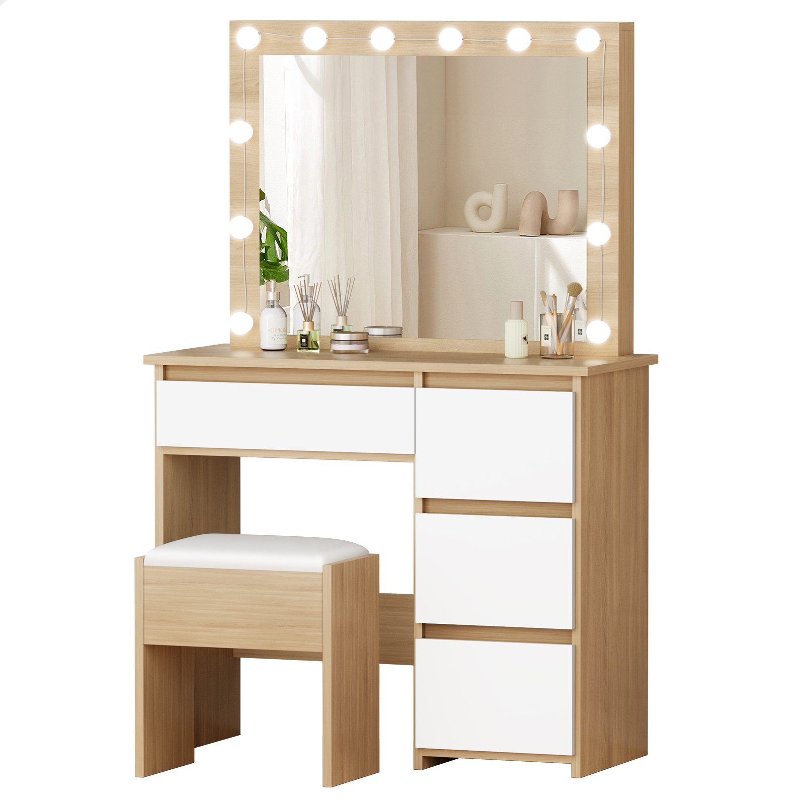 ALFORDSON Schminktisch mit Spiegel, 4 Schubladen & Aufbewahrungshocker, LED günstig online kaufen