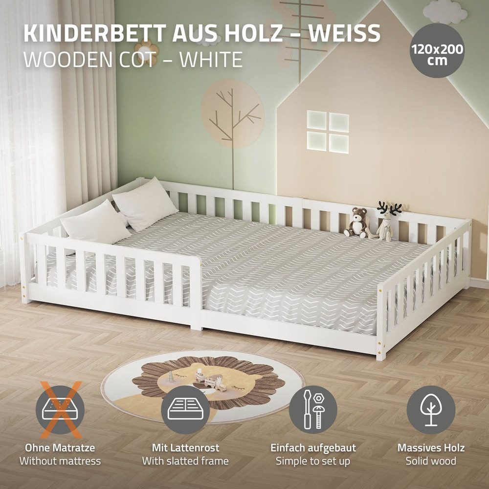 ML-DESIGN Spielbett Bodenbett Holzbett mit Lattenrost & Rausfallschutz Jugendbett Babybett, Abenteuerbett 120x200cm Weiß Kinderbett Bettgestell ohne Matratze