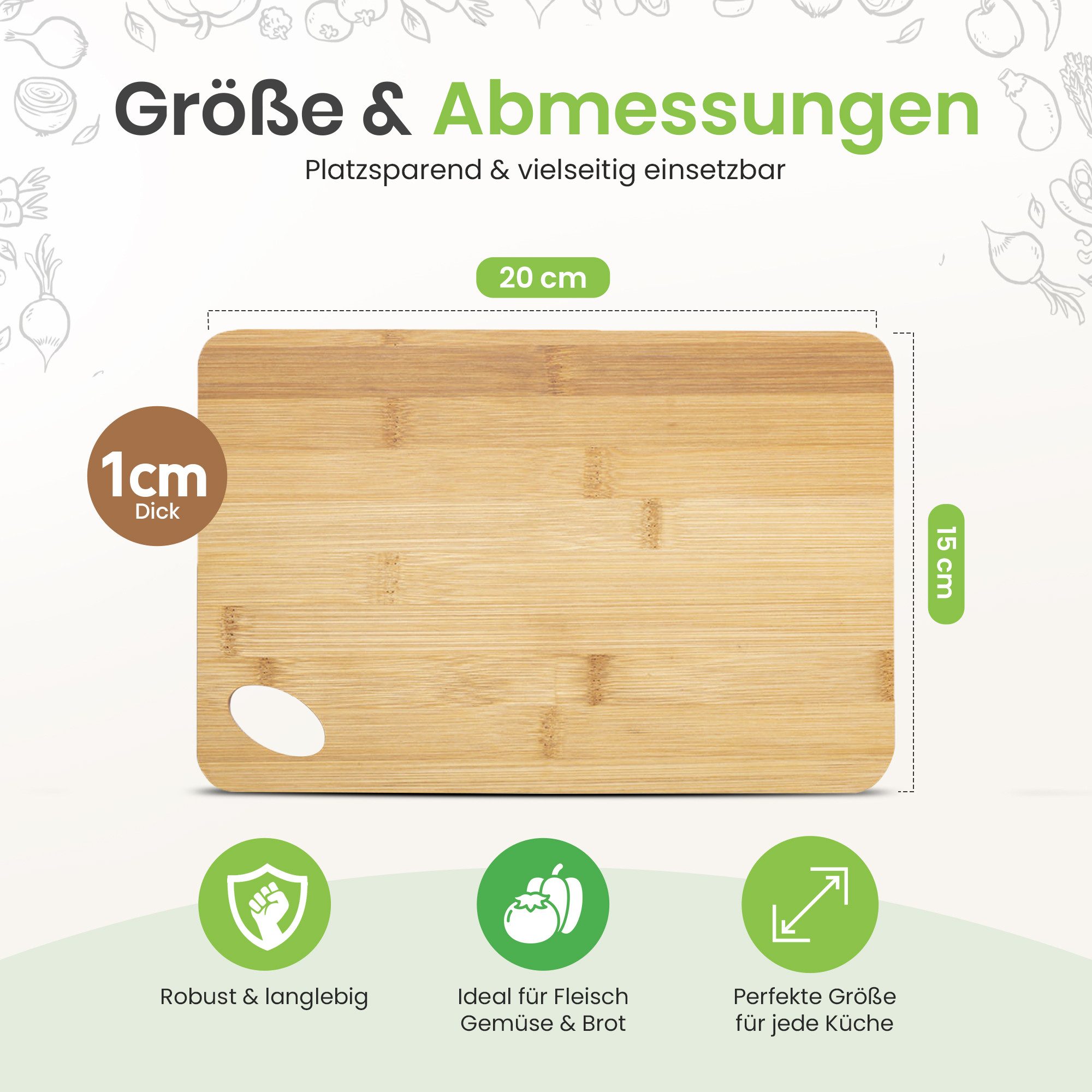 CABBEL Schneidebrett Bambus Kompaktes Küchenbrett Naturholz Nachhaltig, Bambus, 20x15x1 cm Griffloch beidseitig nutzbar Ideal für Obst, Gemüse, Snacks