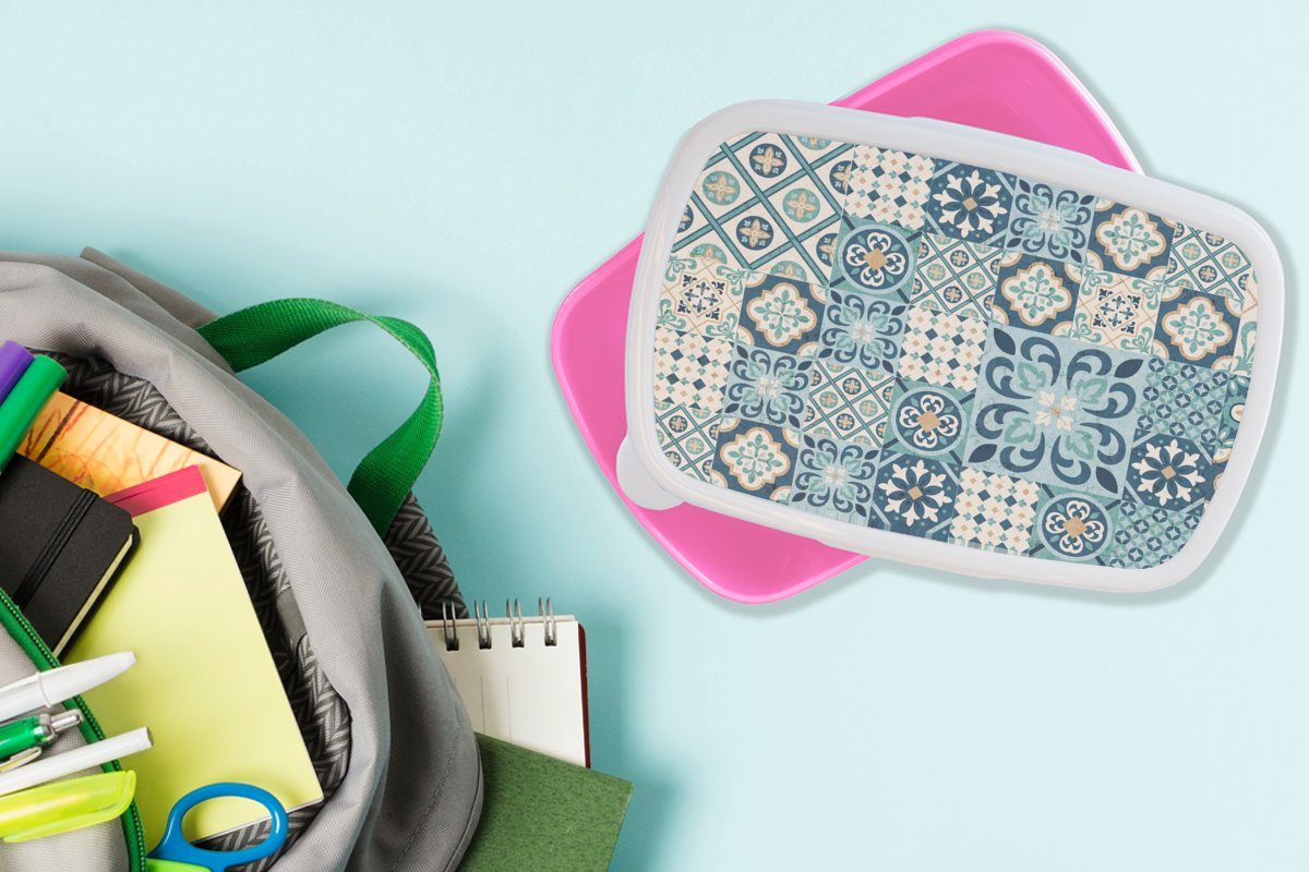 Mädchen, Blau Snackbox, Kunststoff, für Design Blumen Erwachsene, - (2-tlg), - Brotbox rosa MuchoWow Brotdose - Kinder, Fliese, Lunchbox Kunststoff