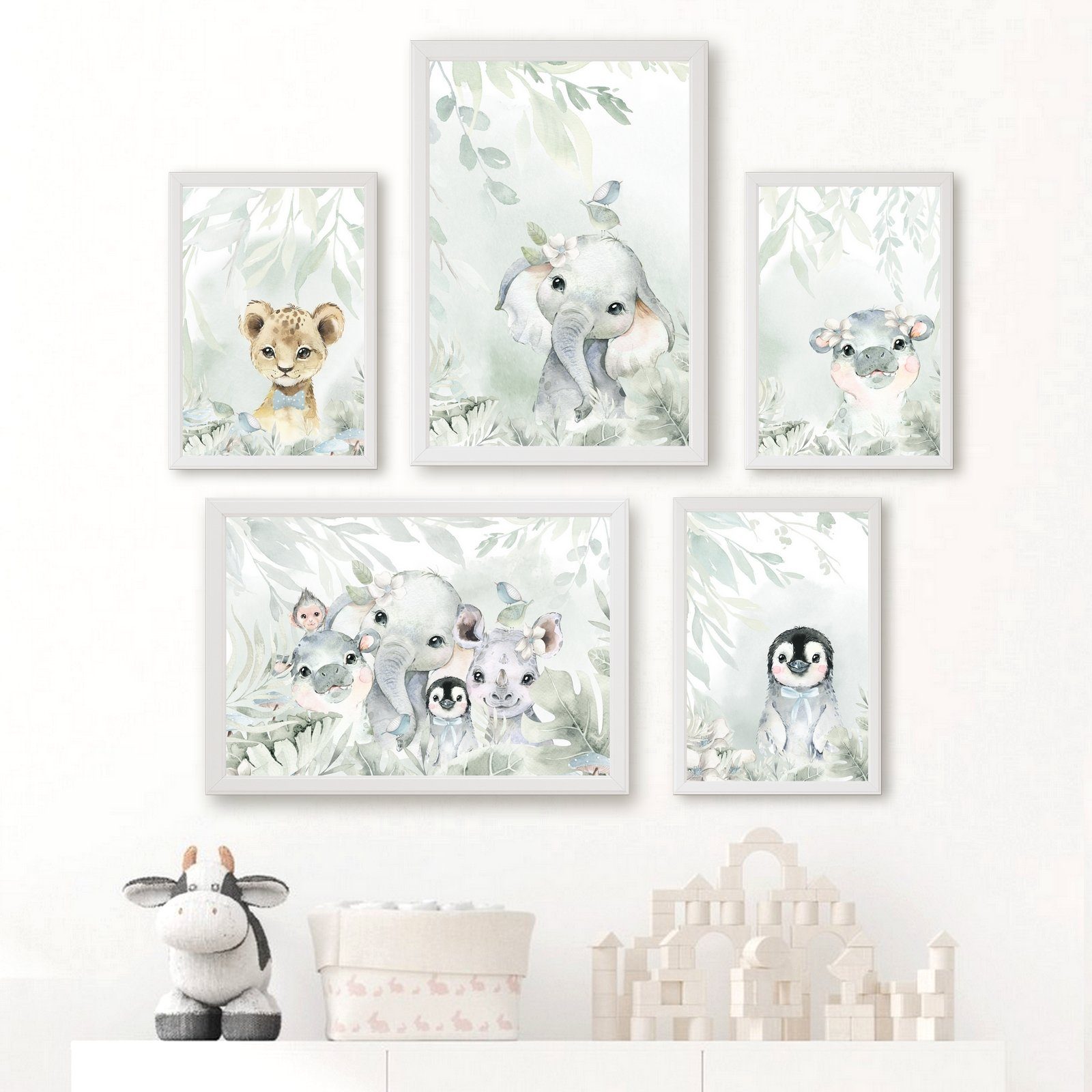 homestyle-accessoires Poster Kinderzimmer Bilderset WILDE TIERE ELEFANT LÖWE PINGUIN DSCHUNGEL, (5 St), - Ohne Bilderrahmen - sorgfältige & sichere Verpackung