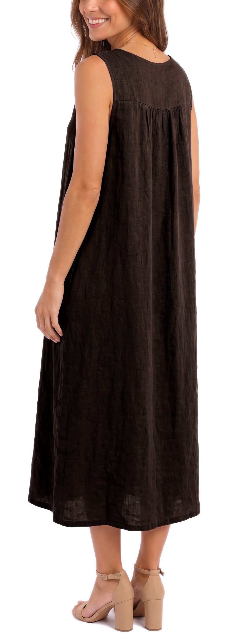 dy_mode Sommerkleid Damen Leinenkleid Luftiges Maxi Sommerkleid Strandkleid Damenkleid in Unifarbe, V-Ausschnitt, mit seitlichen Eingriffstaschen