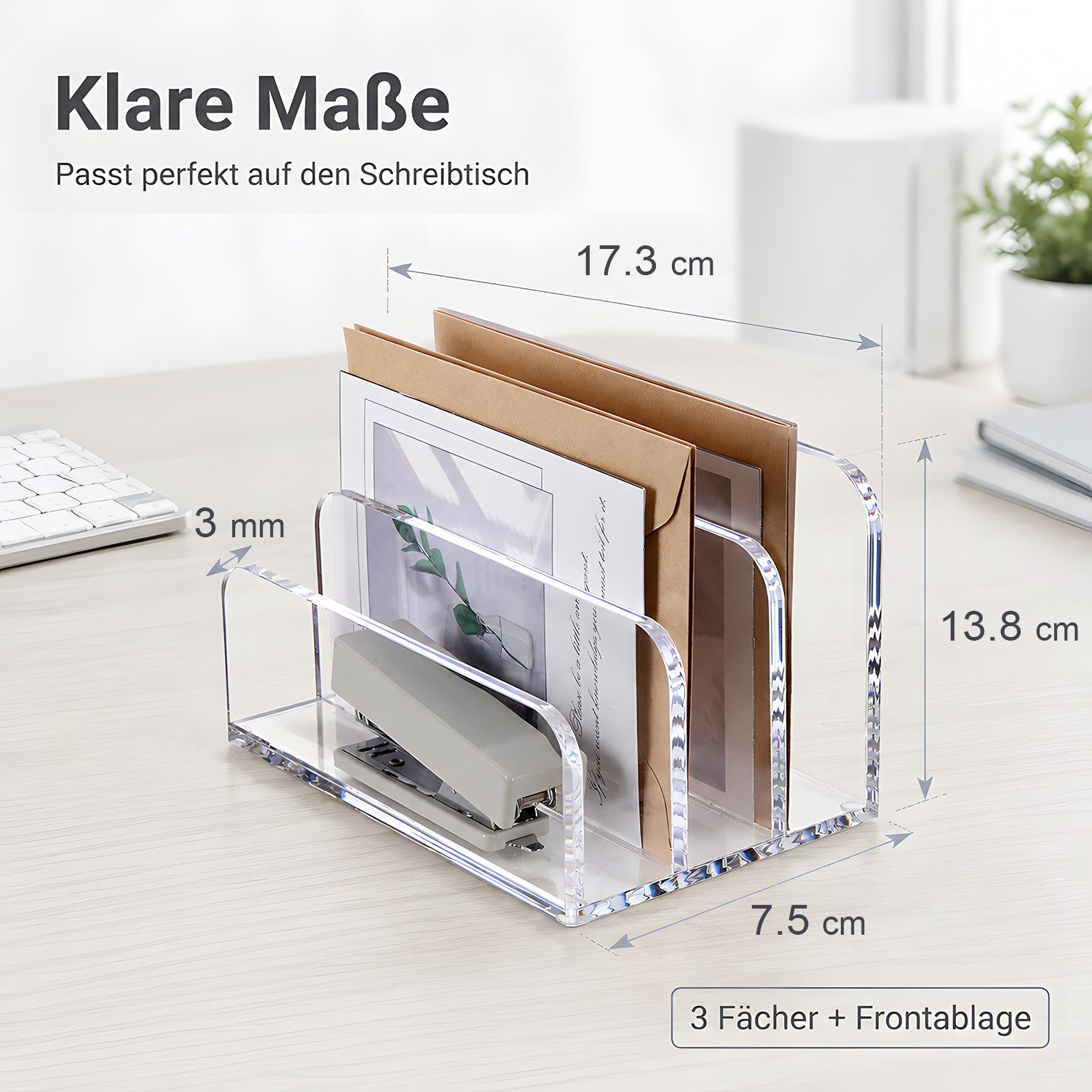 AIMAX Organizer Briefhalter aus Acryl – 3 Fächer Schreibtisch Briefablage/Ablagesystem (Tischaufsatz, Vertikaler Aktenhalter, Brief Organizer, Büro Organizer, 1 – Bild 2 von 5