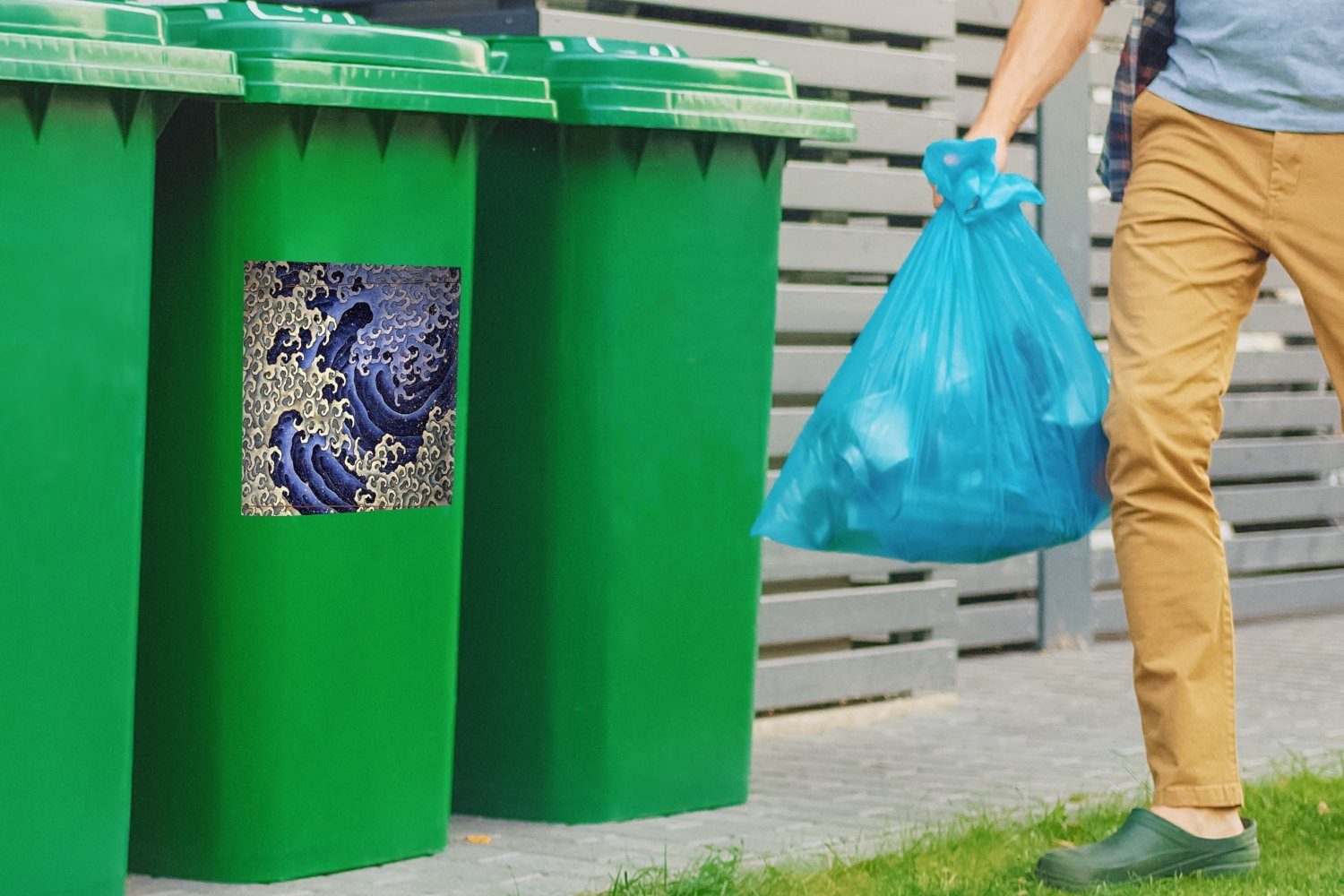 Welle Mülltonne, Gemälde Abfalbehälter Hokusai Katsushika von MuchoWow Männliche Container, Wandsticker Sticker, - (1 Mülleimer-aufkleber, St),
