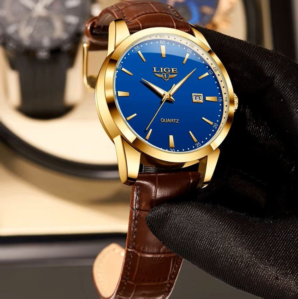 Tidy Quarzuhr LIGE 89143 Herrenuhr mit blauem Zifferblatt und braunem Armband
