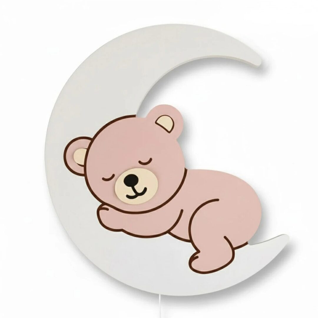 COZYCOLLECTIONS LED Wandleuchte LED-Wandnachtlicht Schlafender Bär auf Mond 36 cm,Rosa, LED, Warmweiß, Montessori-inspiriertes Mond-Nachtlicht in 5 Farbvarianten