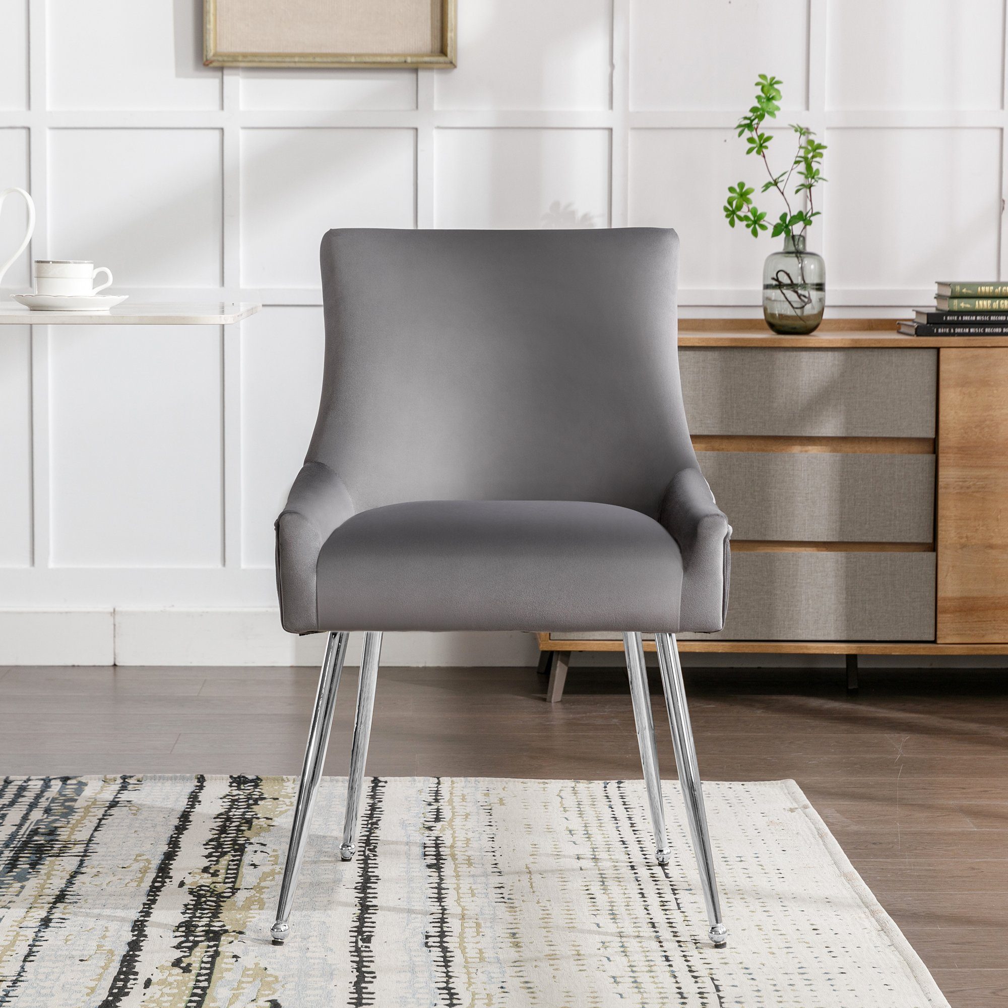 Moderner Samt, silberfarben Rückenlehne Polsterstühle Metallbeine Wohnzimmerstuhl Grau Loungesessel | Esszimmerstuhl mit St), (1 OKWISH