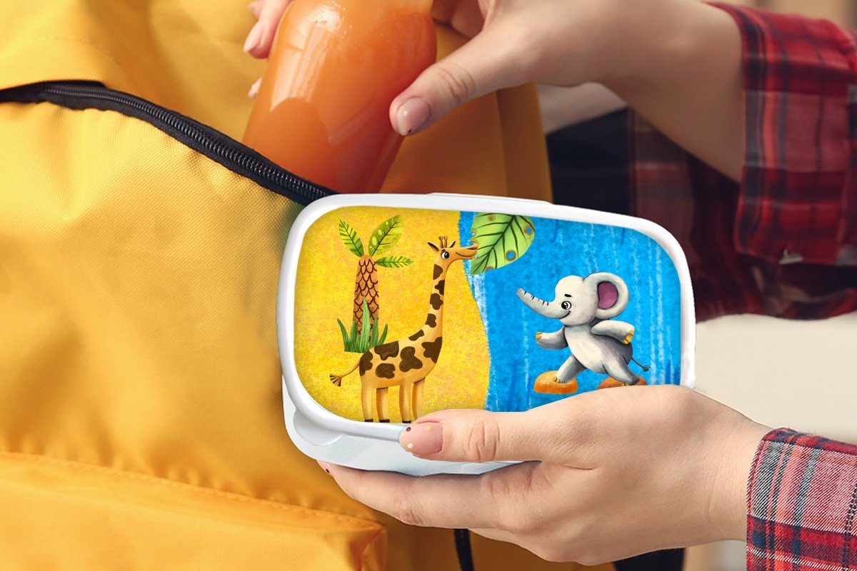 (2-tlg), Wasser, - für Giraffe für - und Mädchen Lunchbox Kunststoff, Brotdose, Brotbox MuchoWow weiß Jungs Erwachsene, und Elefant Kinder