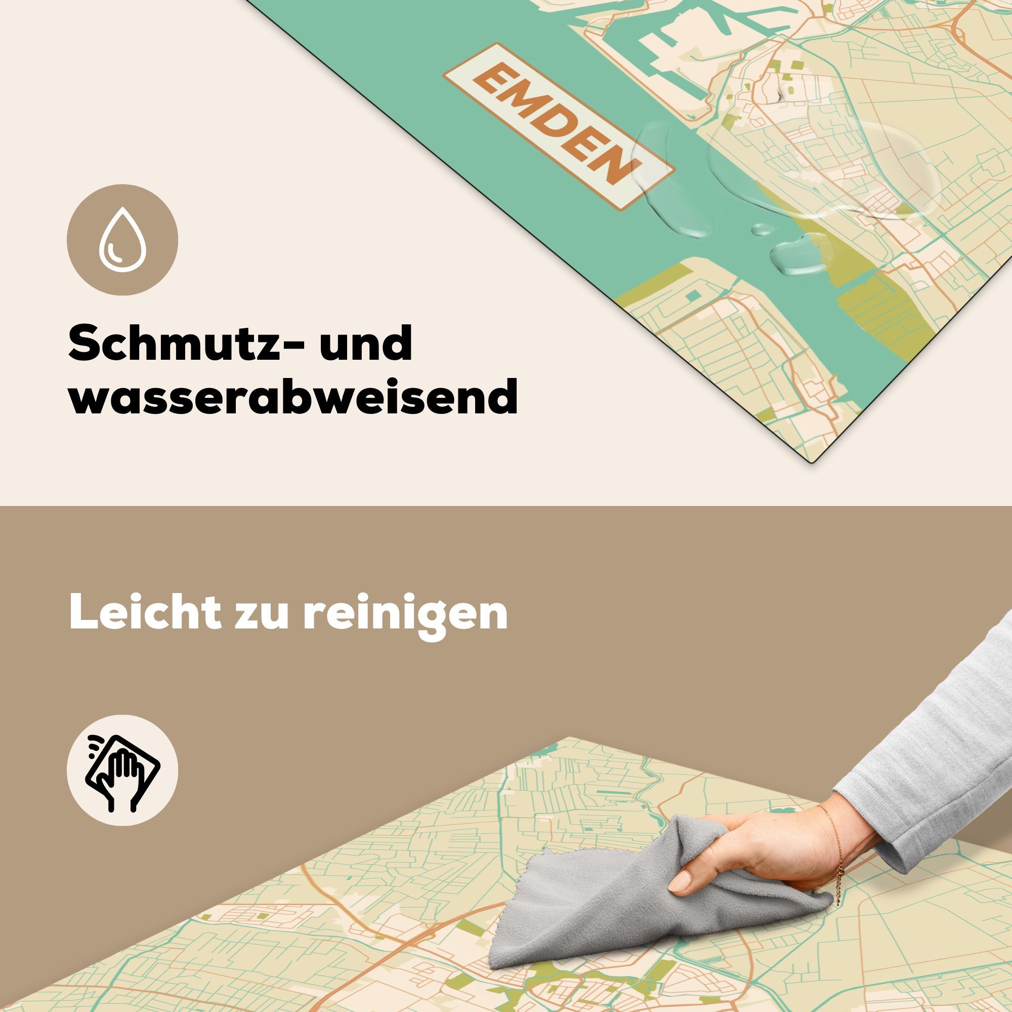 Ceranfeldabdeckung, MuchoWow Stadtplan (1 - 78x78 Vinyl, Karte Karte - Herdblende-/Abdeckplatte küche Vintage, tlg), - - für cm, Arbeitsplatte Emden