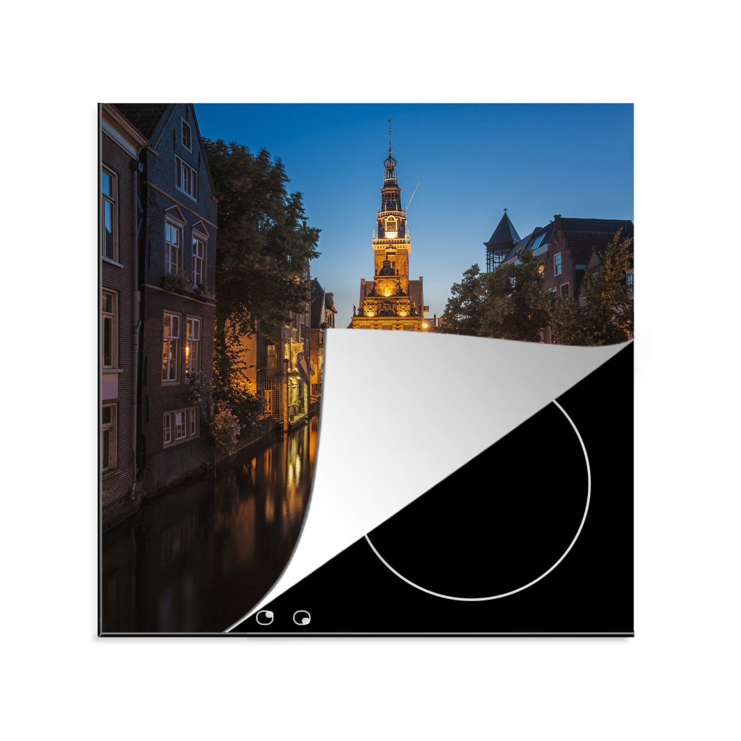 MuchoWow Herdblende-/Abdeckplatte Alkmaar - Kanal - Nacht, Vinyl, (1 tlg), 78x78 cm, Ceranfeldabdeckung, Arbeitsplatte für küche