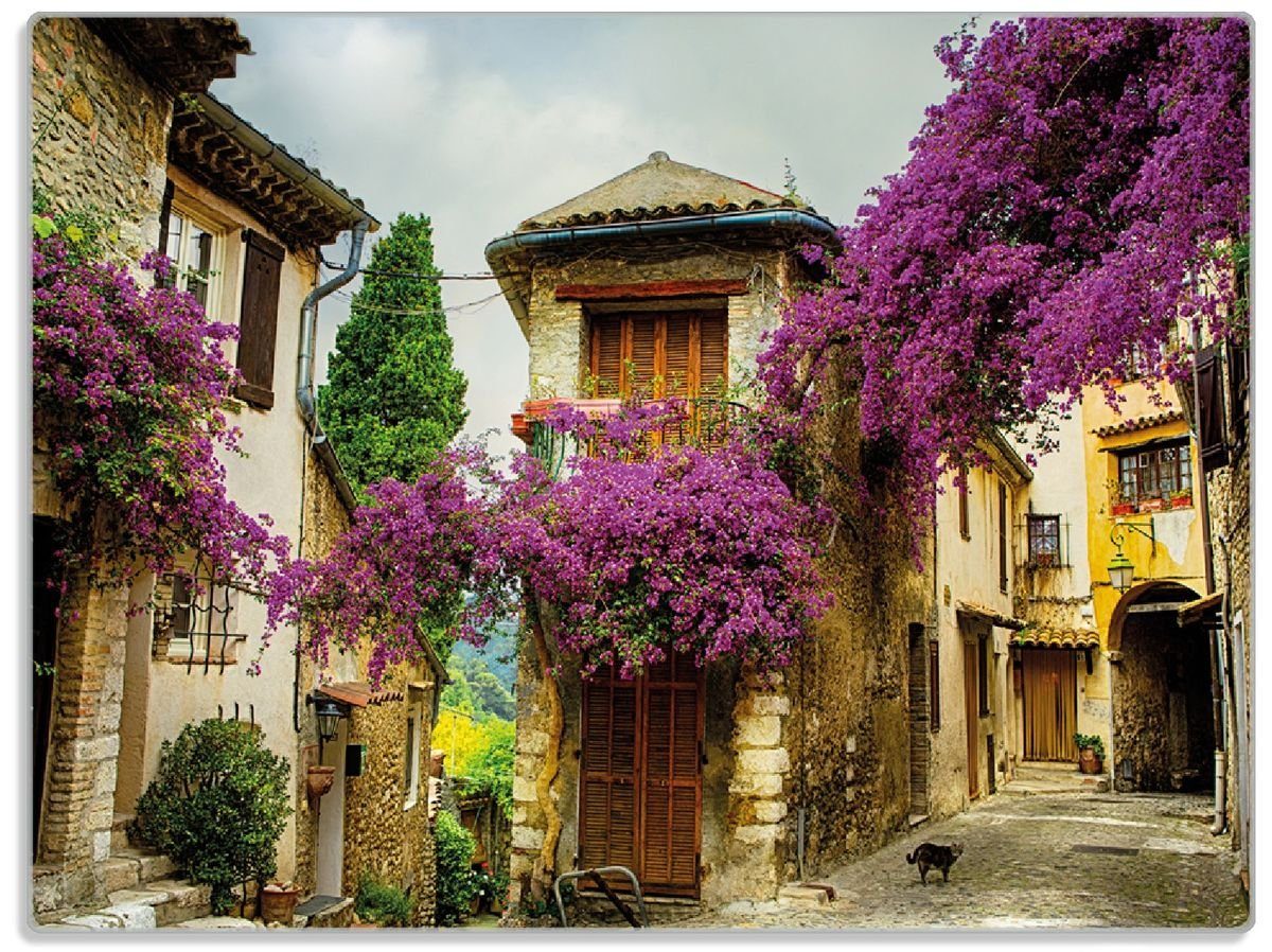 Wallario Schneidebrett Malerische Stadt in der Provence mit bunten Blumen, ESG-Sicherheitsglas, (inkl. rutschfester Gummifüße 4mm, 1-St), 30x40cm