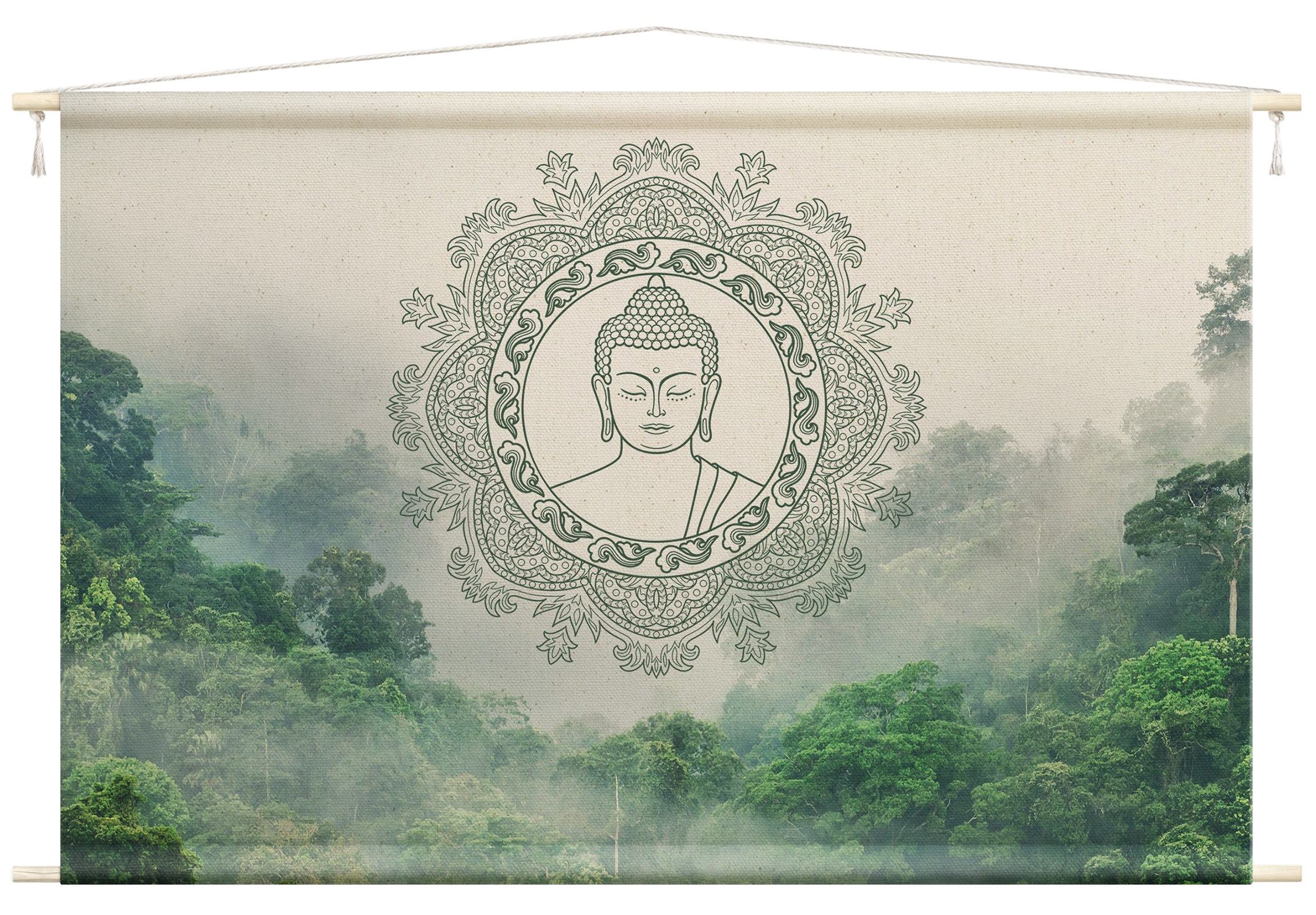 Bilderdepot24 Wandteppich modern Wald Orientalisch Spirituell Städte Wald grün, rechteckig, Höhe: 2.6 mm, großes Wandbild aus Natur-Baumwolle Wandbehang Stoffbild Tuch Wollseil