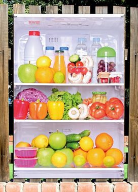 Wallario Sichtschutzzaunmatten Offener gefüllter Kühlschrank