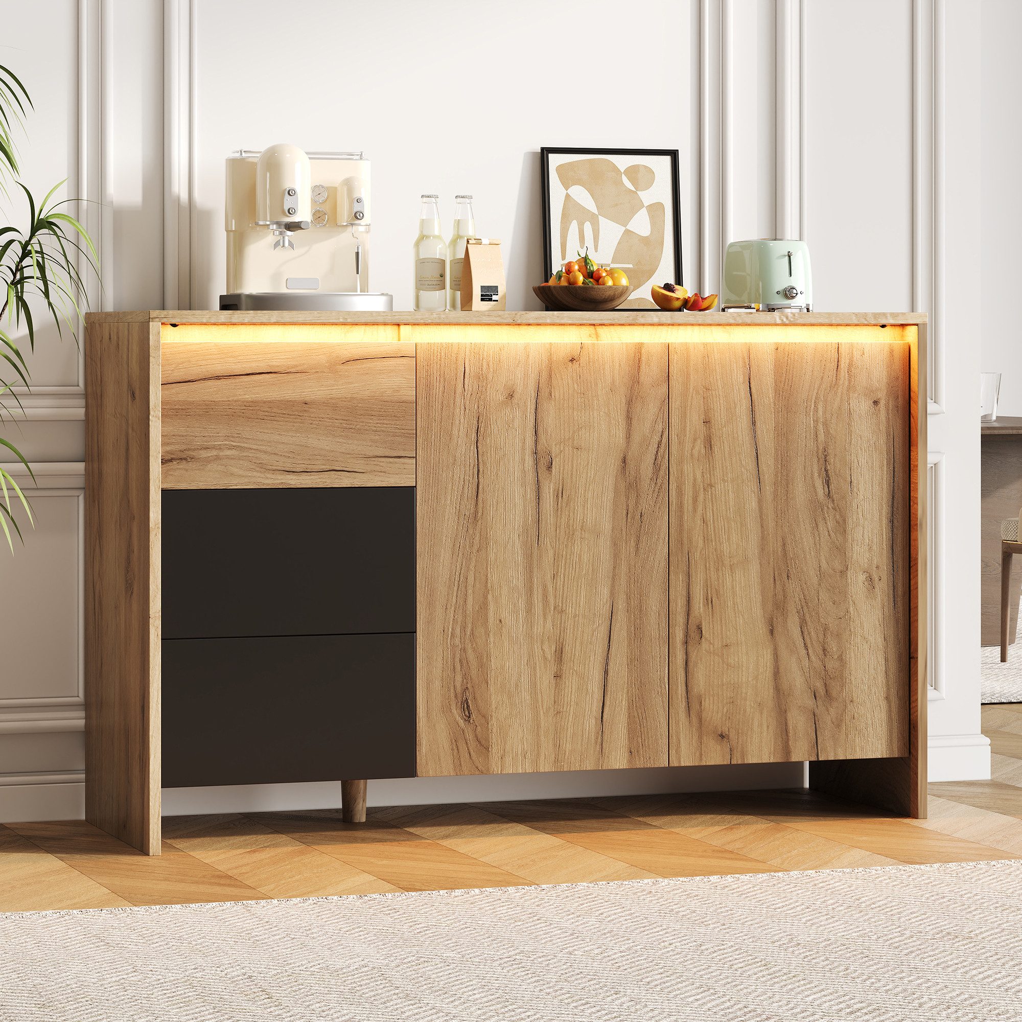Flieks Kommode mit LED-Beleuchtung, 3 Schubladen und 2 Türen Holzoptik (Schrank für Wohnzimmer, Schlafzimmer, Esszimmer, Flur, 1 St., B120/T40/H76 cm), Mehrzweckschrank Sideboard mit verstellbarer Einlegeböden Landhausstil