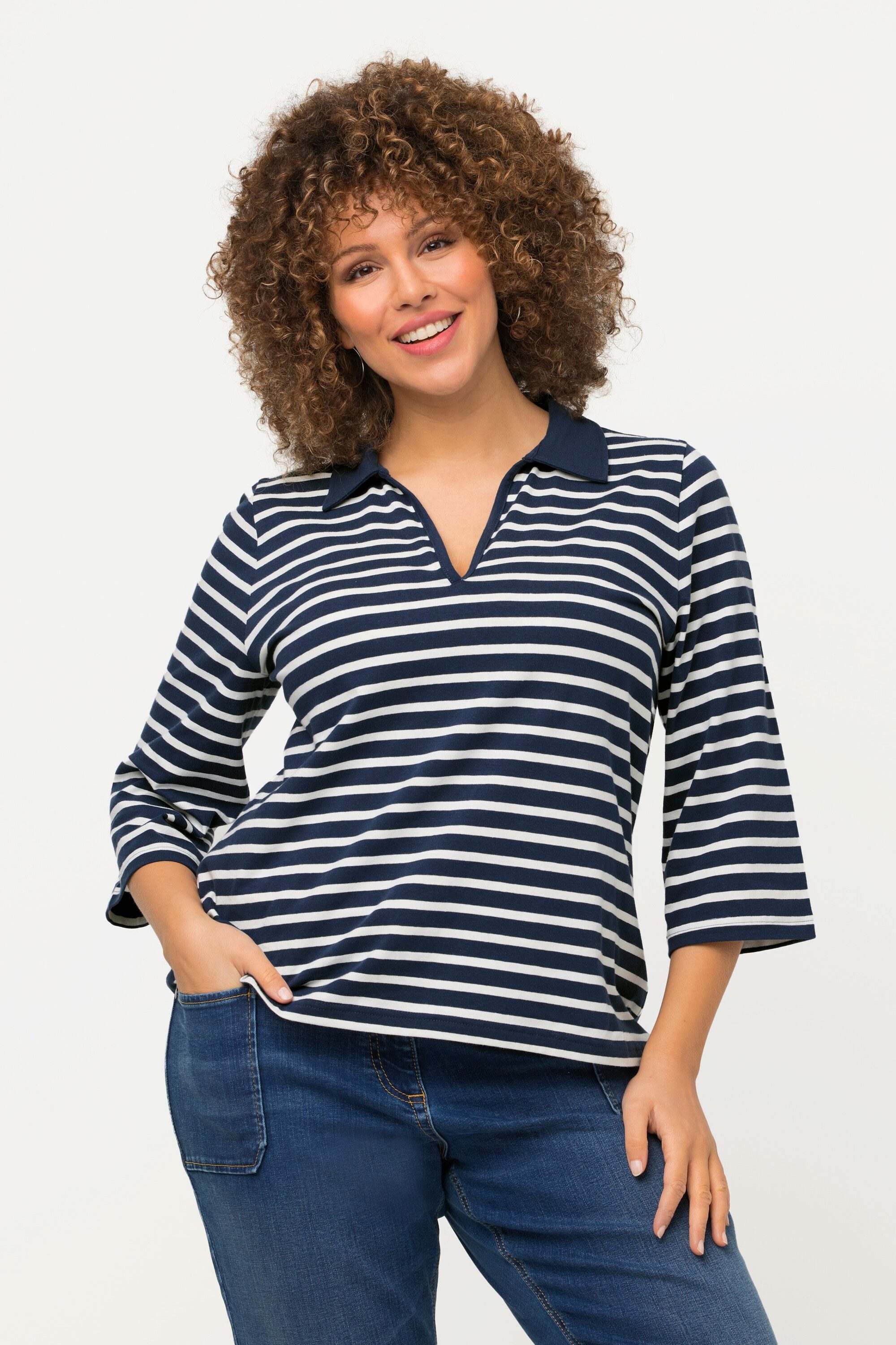 Ulla Popken Poloshirt Poloshirt Ringel V-Ausschnitt günstig online kaufen