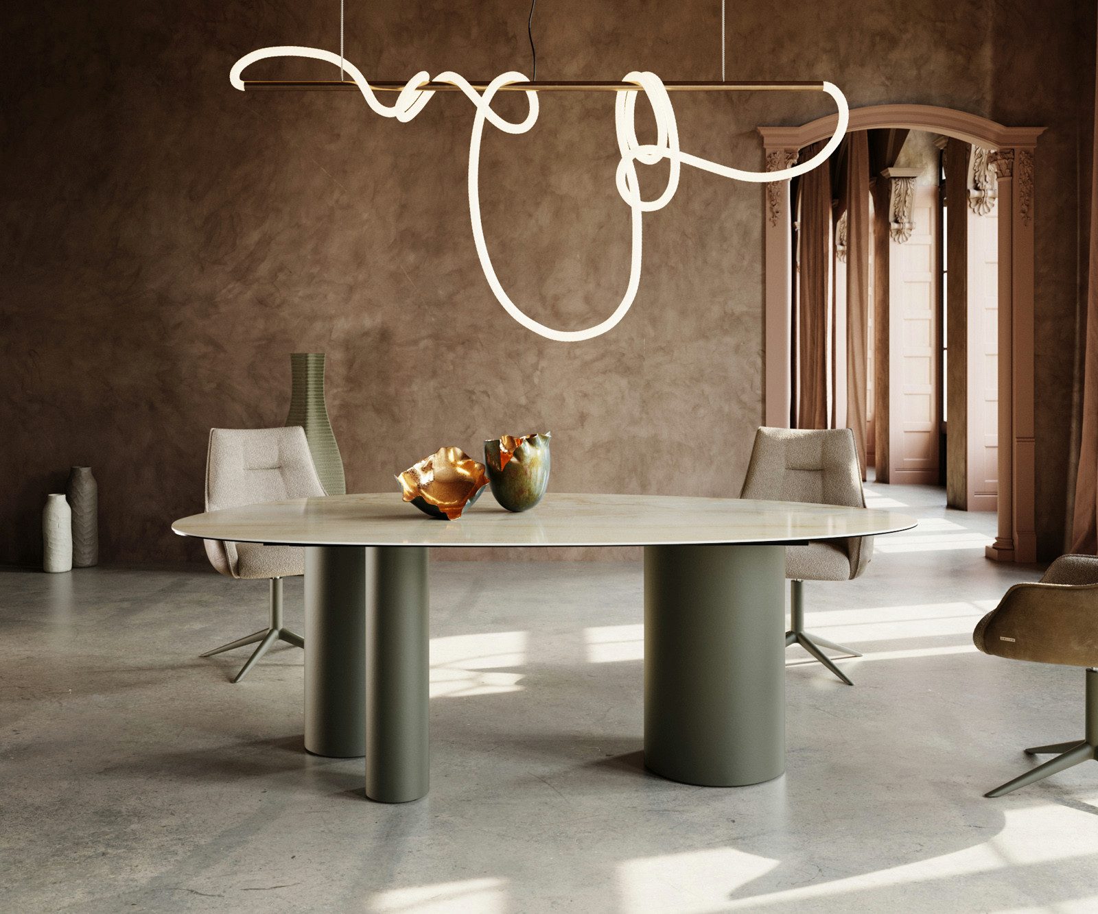 DELIFE Esstisch Edge, Oval Keramik Iris FMG Onice Oro 220x120 Troa Metall Effektfinish Titan