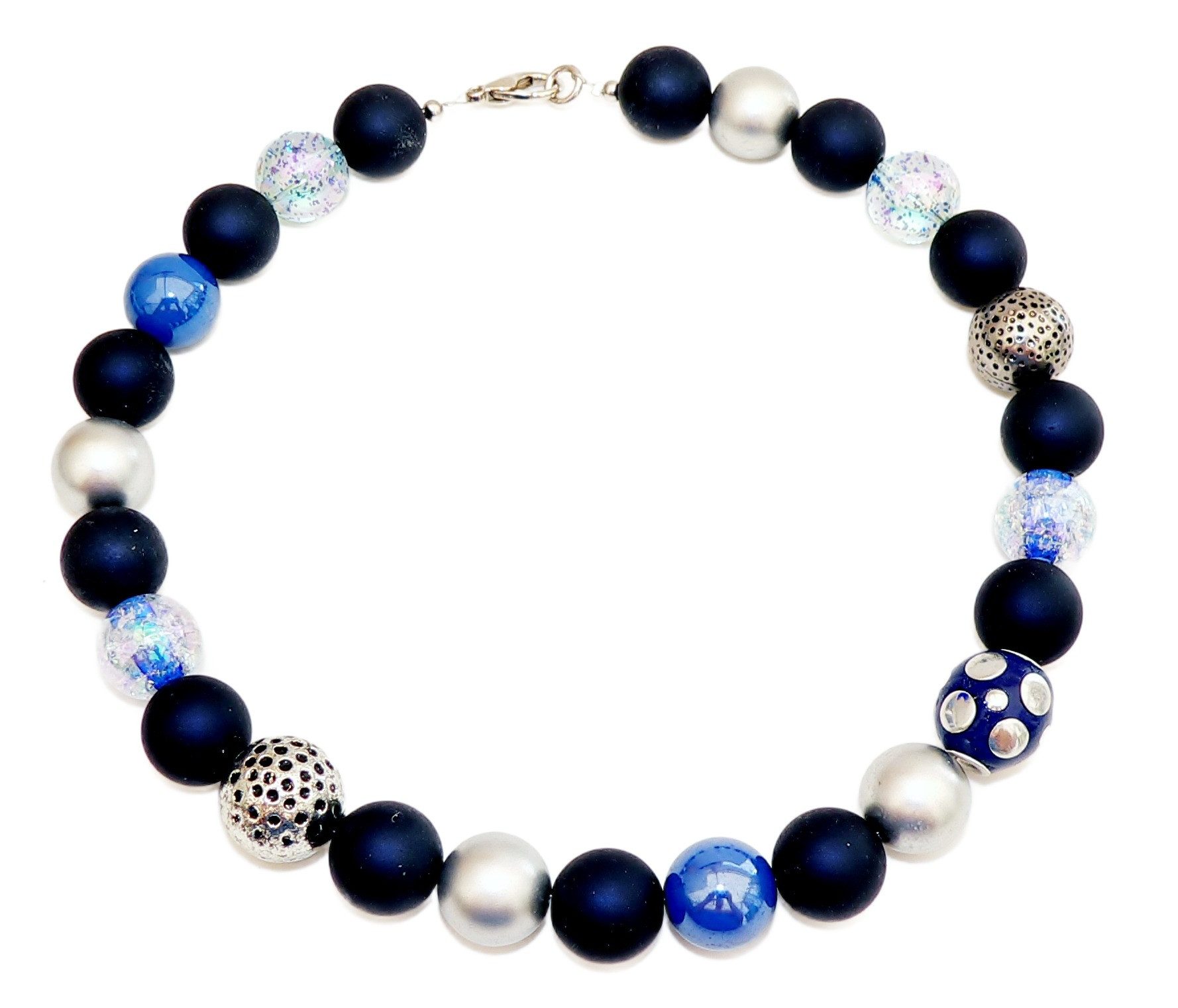 traumschmuck Statementkette 089b Perlenkette Perlenmix 14-20mm dunkelblau silberfarben (Valentinstag), handgefertigt, Made in Germany