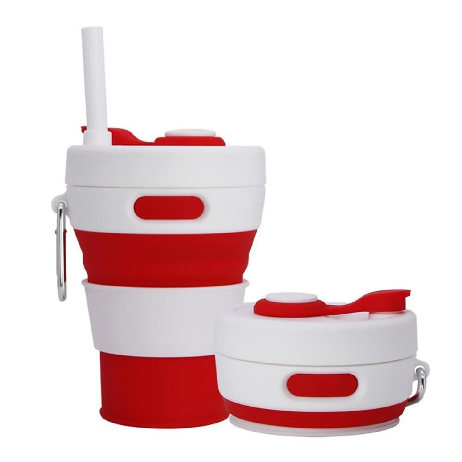 LuxusKollektion Coffee-to-go-Becher Faltbare Camping Tasse mit Strohhalm Rot 450ml, Kunststoff