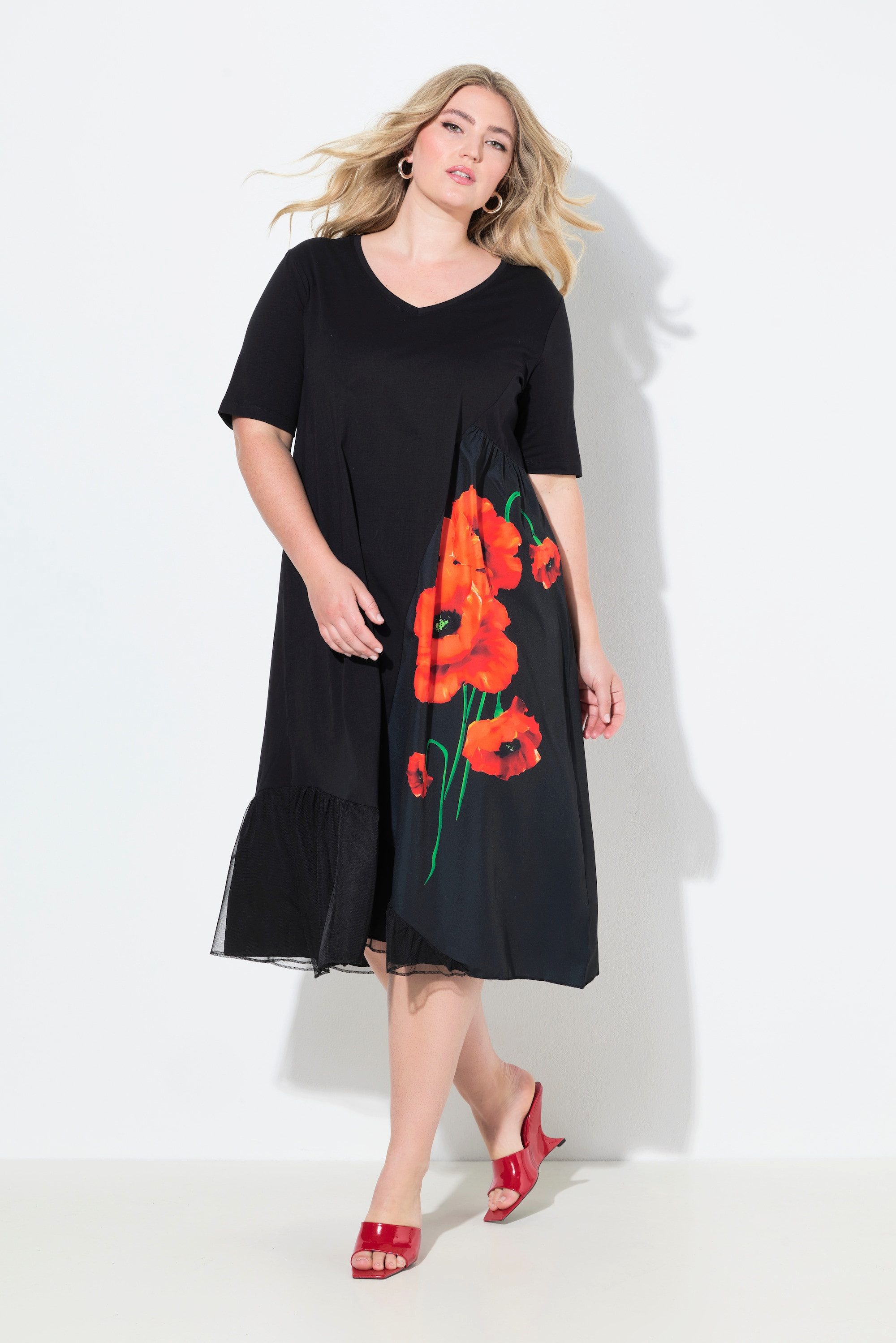 MIAMODA Jerseykleid Kleid A-Linie Blütenmotiv Mesheinsatz günstig online kaufen