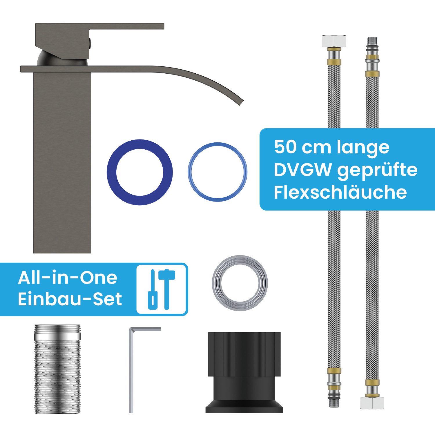Bächlein Badarmatur Elegante Badarmatur Tamina (Anthrazit) hochwertige Designarmatur mit Wasserfalloptik – Bild 5 von 5