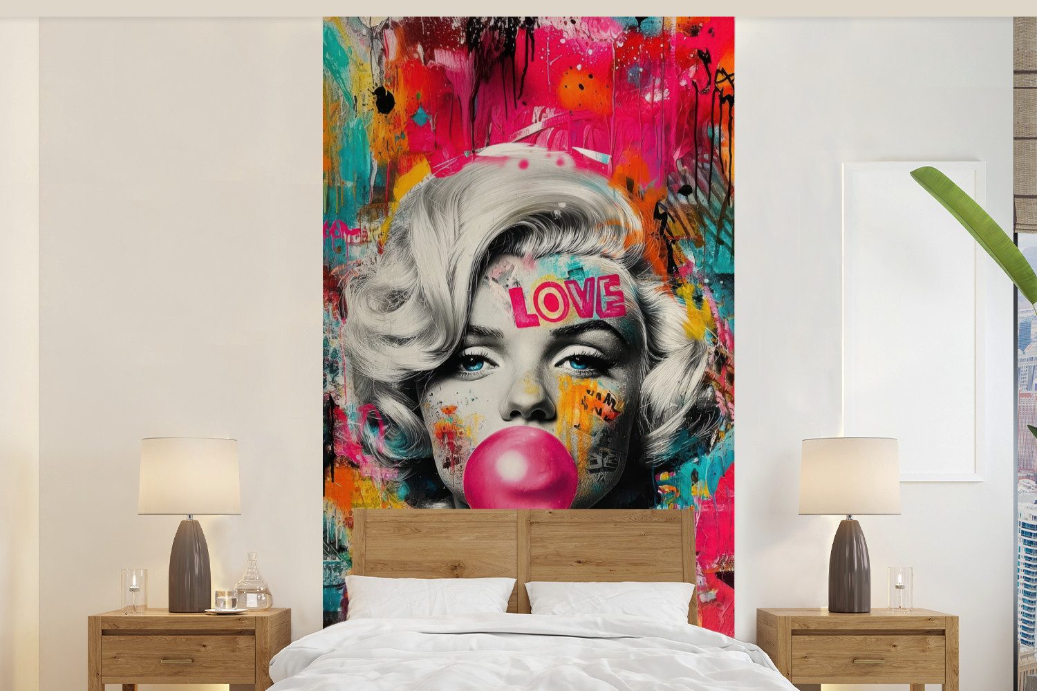MuchoWow Fototapete Frau - Kaugummi - Graffiti - Neonfarben, Matt, bedruckt, Vliestapete für Wohnzimmer Schlafzimmer Küche, Fototapete, 120x240 cm