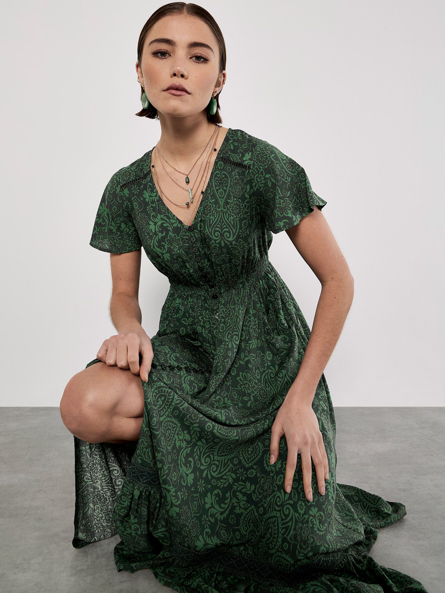 Apricot Druckkleid Maxikleid mit Paisleymuster mit Pisleymuster und Knopfleiste