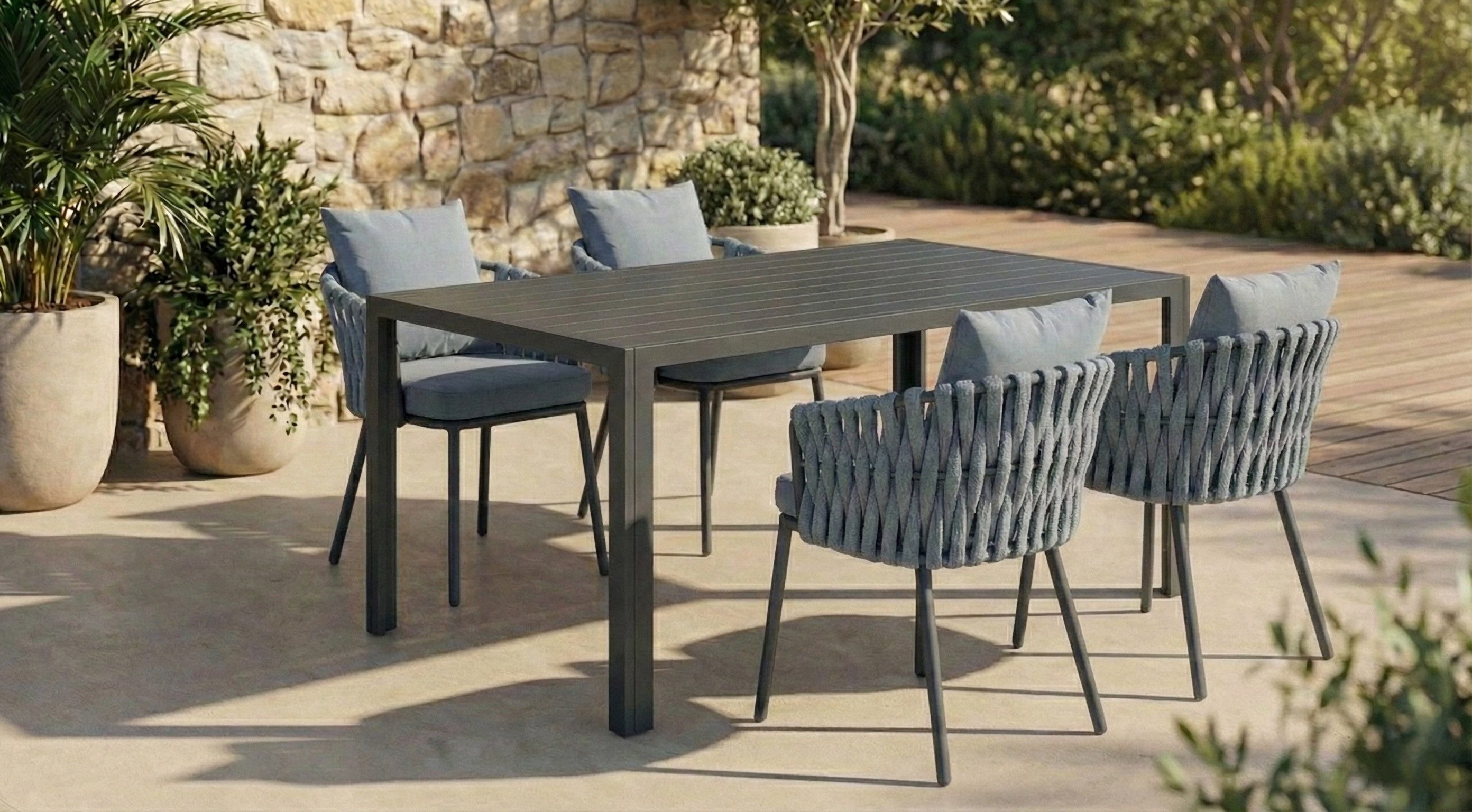 MCW Garten-Essgruppe Garten Alu Essgruppe Outdoor mit 140cm Tisch und 4 Geflecht Stühlen