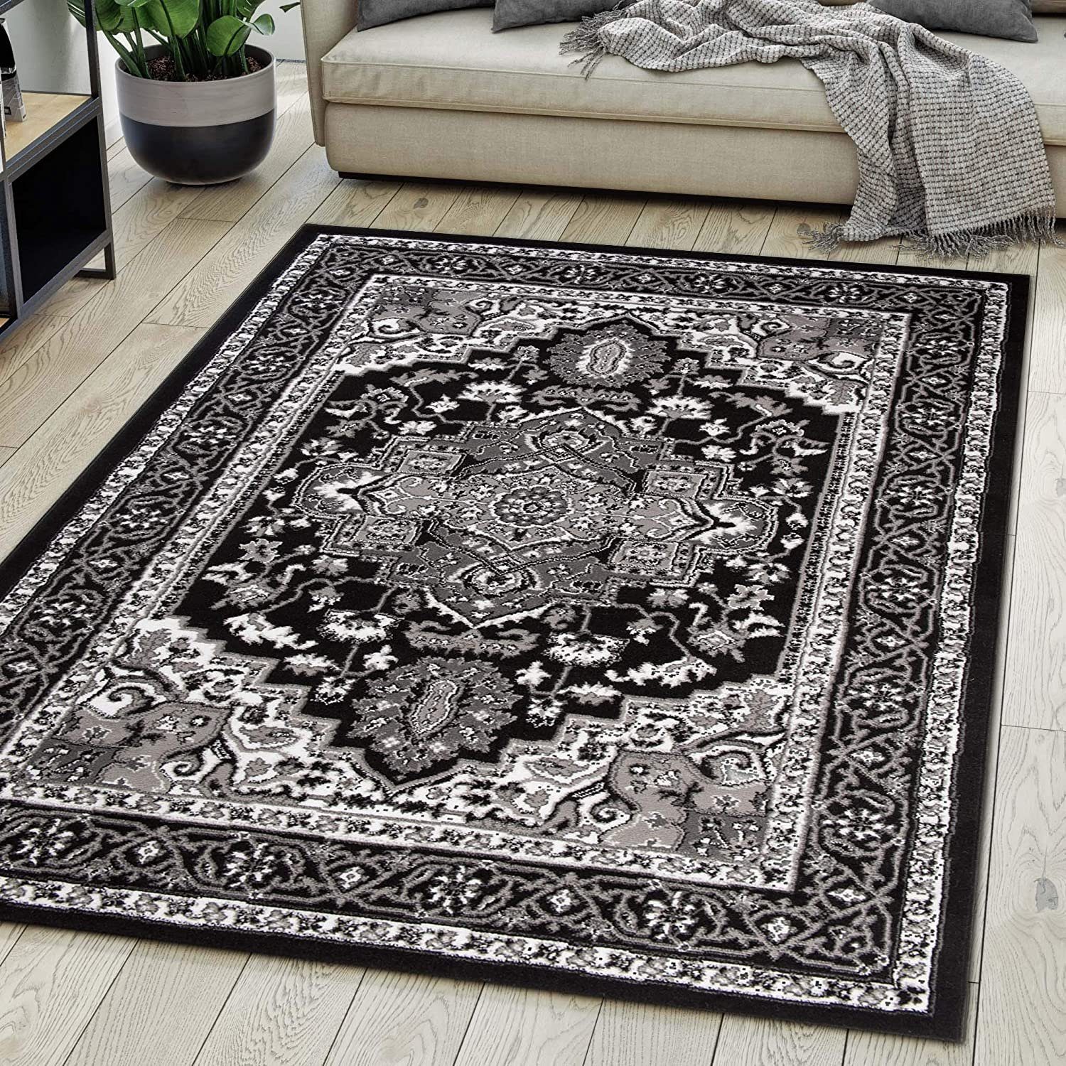 Orientteppich DY-EUFRAT-Q011A-BLACK, Mazovia, 200x300, Orientalisch, Blumenmuster, Klassisch, Kurzflor, Gemustert