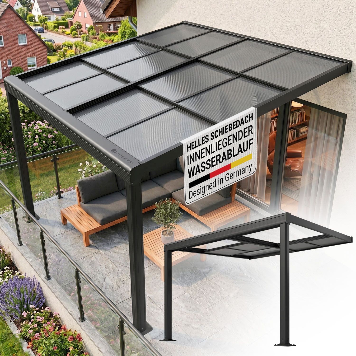 Juskys Terrassendach Jakarta, BxT: 300x300 cm, mit Schiebefenster, inkl. Fallrohr und Fußboden Verankerung