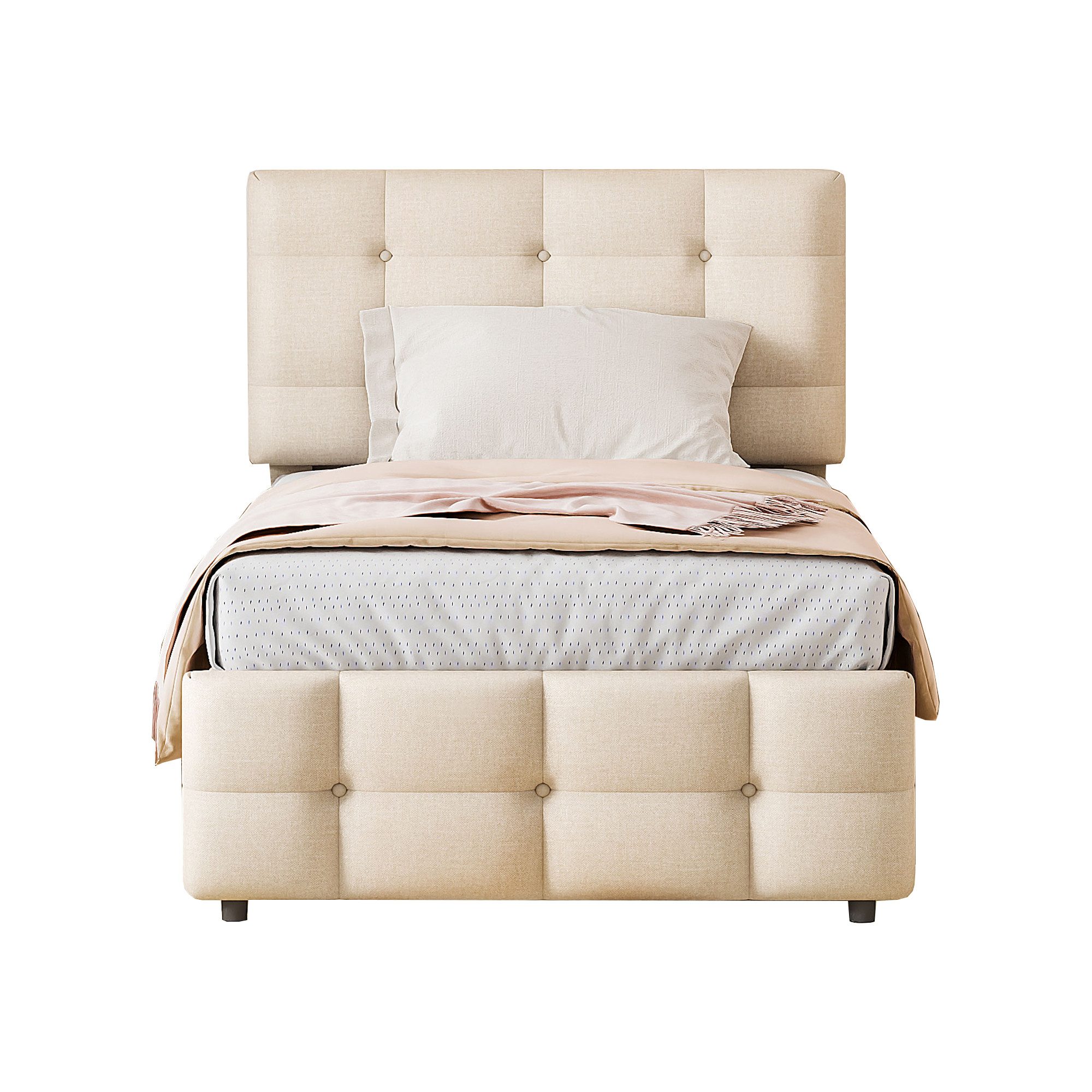 Flieks Polsterbett, Einzelbett 90x200cm mit verstellbarem Kopfteil/ Ausziehbett 90x190cm