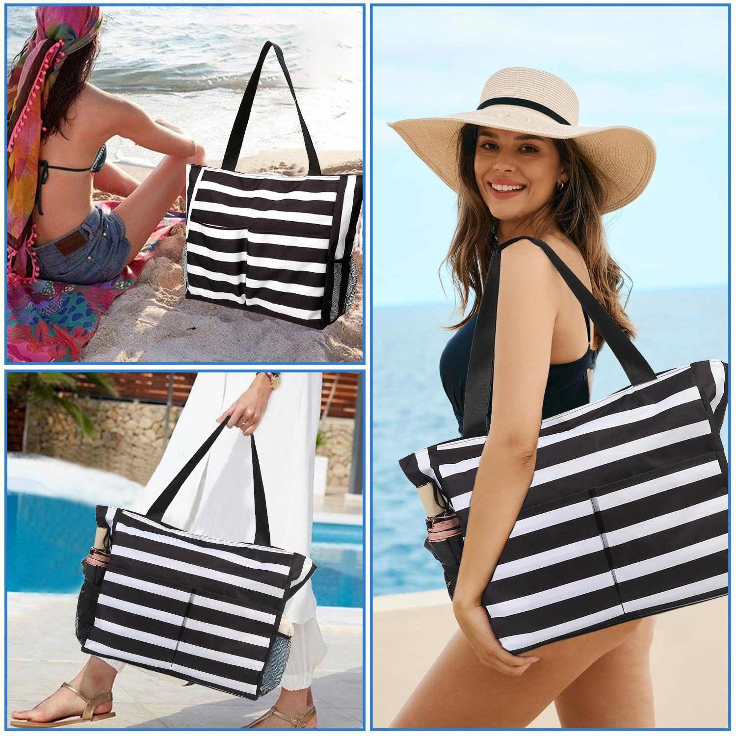 Zaewry Strandtasche Damen mit Reißverschluss, Große Strandtasche xxl Familie, Badetasche, Damen Wasserdicht, Beach Tote Bag für Reisen Pool